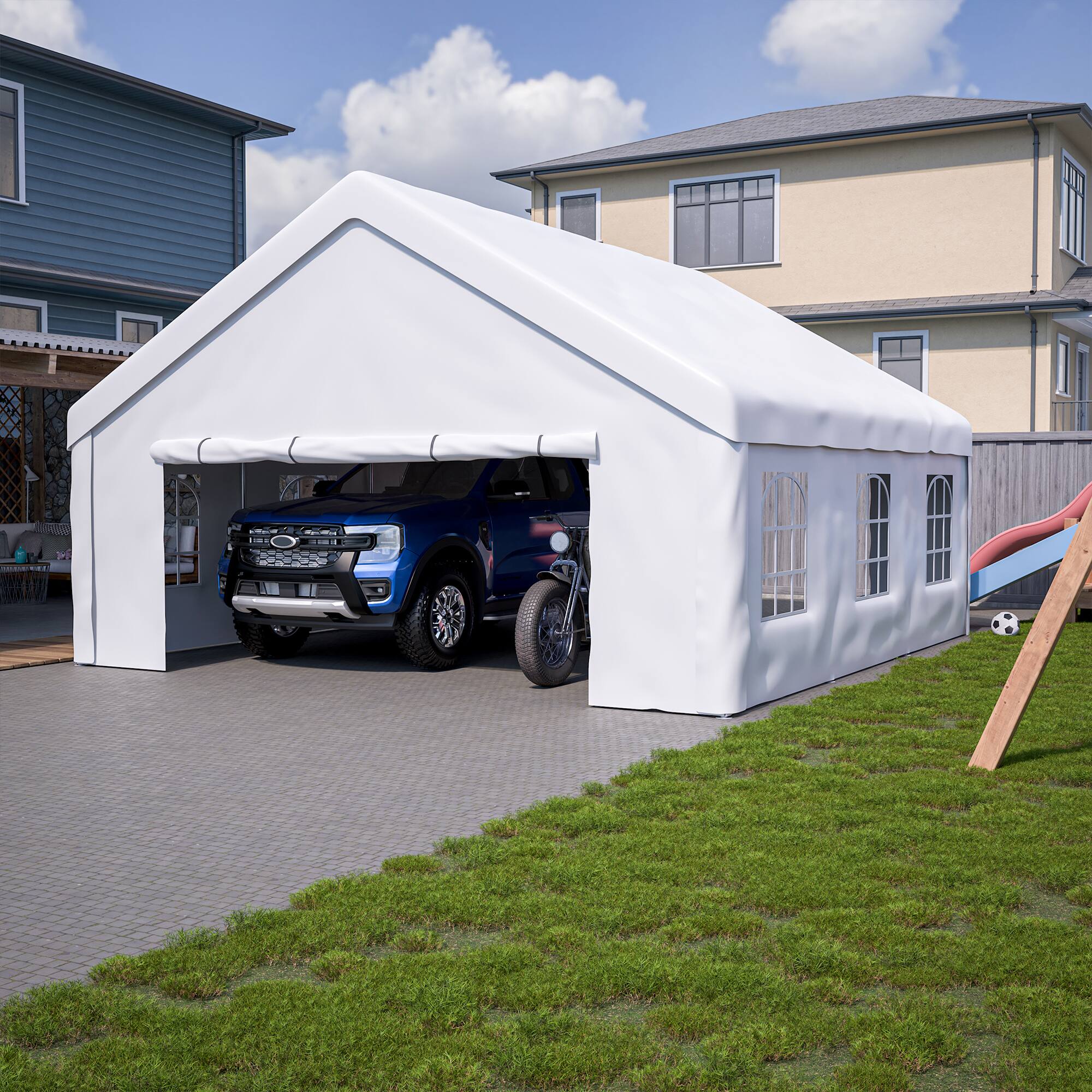 Front. Tiramisubest - 20x20 FT Detachable Side Event Shelter with Carport Capability and Storage Solutions.