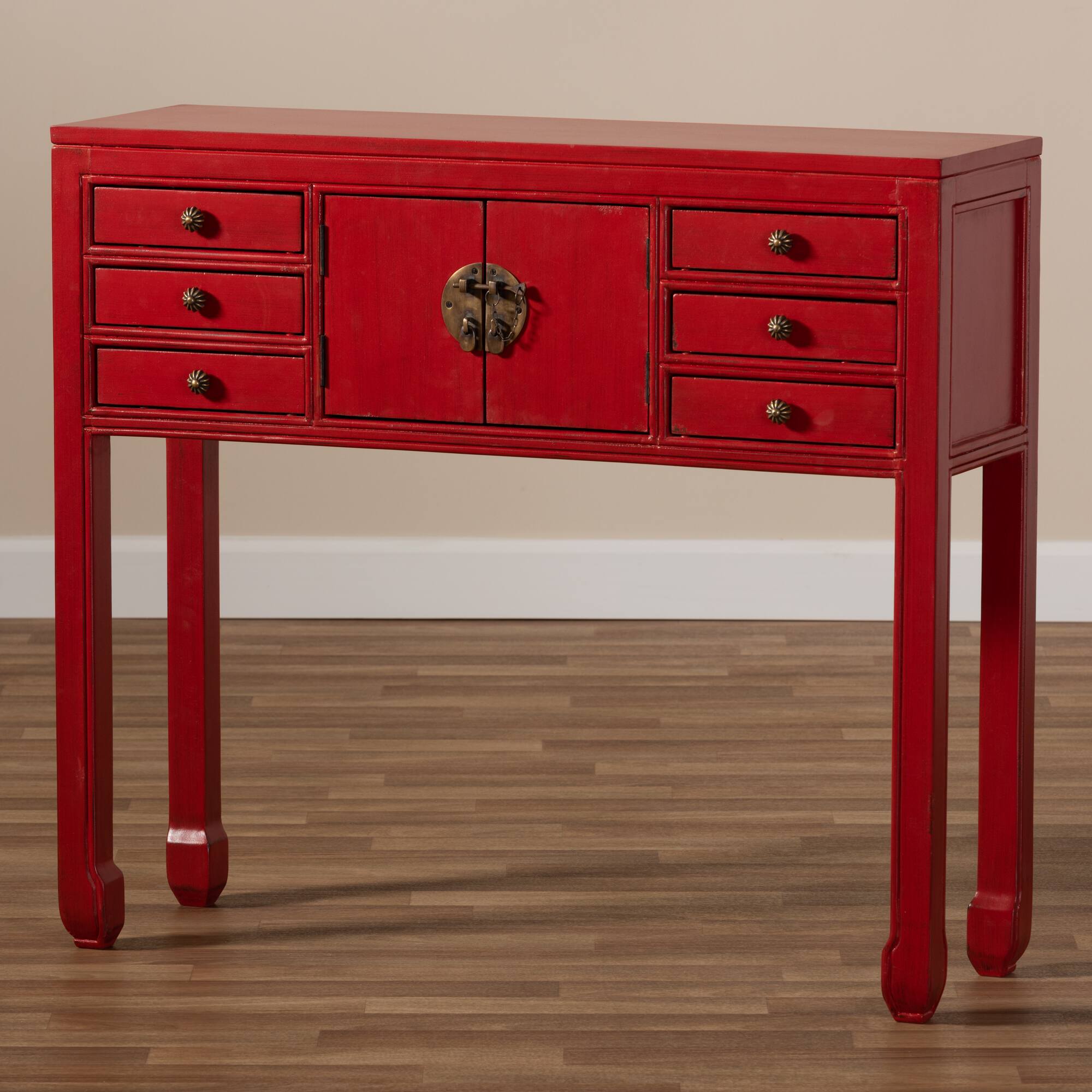 Alt View 5. Baxton Studio - Melodie Classic and Antique Finished Wood Bronze Finished Accents 6-Drawer Console Table - Red.
