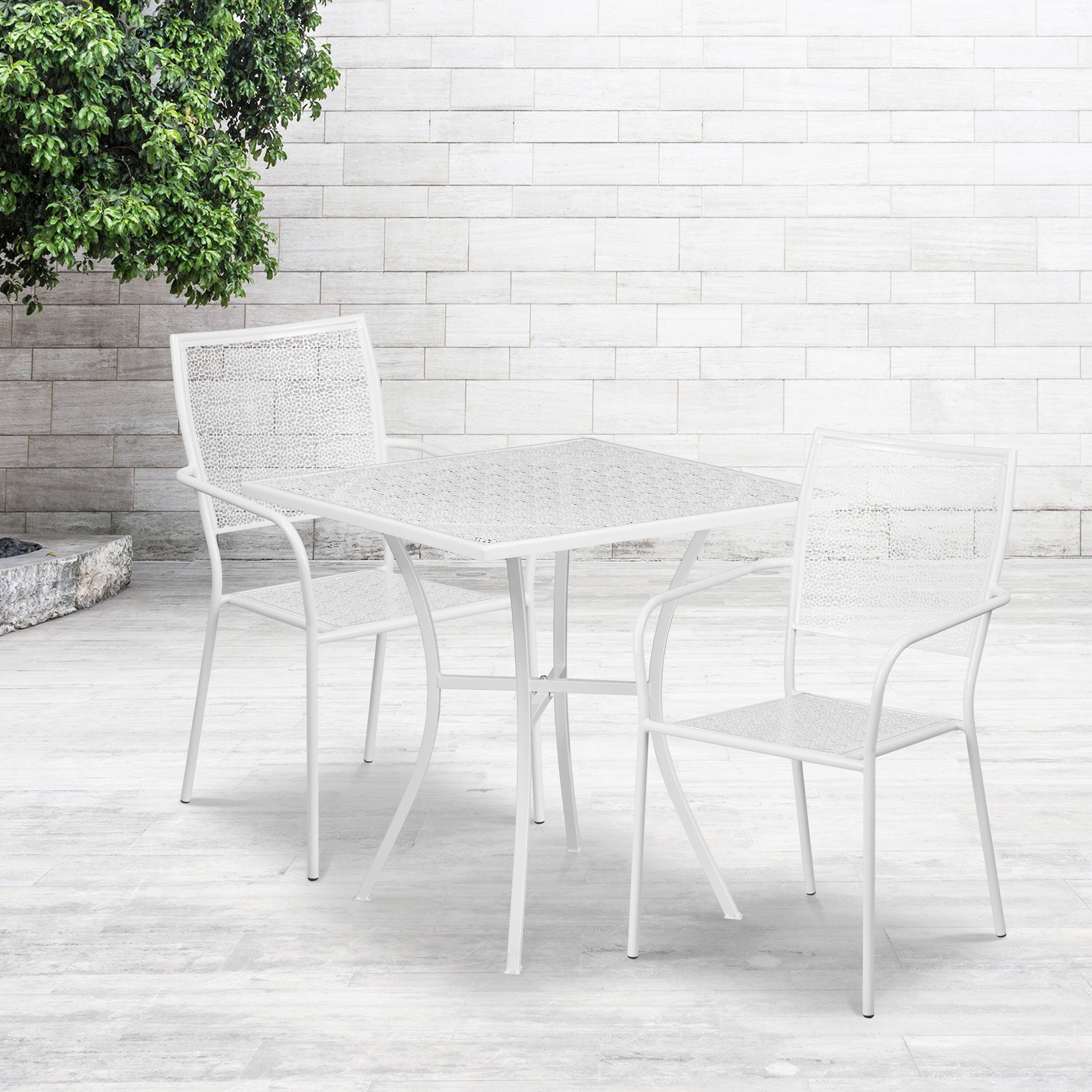 Alt View 1. Emma + Oliver - Commercial Grade 28" Square Metal Garden Patio Table Set w/ 2 Square Back Chairs - White.