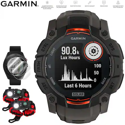 GARMIN
- UNLIMITED BATTERY IN SMARTWATCH MODE WITH SOLAR CHARGING
- DETAILED HEALTH AND WELLNESS FEATURES
- SMART NOTIFICATIONS
- BUILT-IN FLASHLIGHT
- RUGGED DESIGN
- MULTI-BAND GPS WITH SATIQ TECHNOLOGY
90.8k Lux Hours
Last 6 Hours
SOLAR
CTRL LIGHT
TORCH
GPS
MENU UP
DOWN ABC
SET
BACK