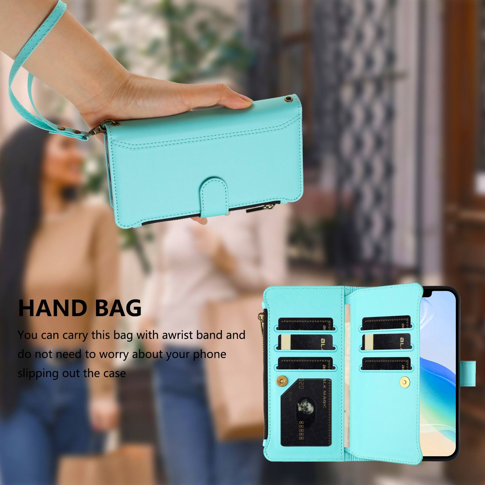 HAND BAG  
You can carry this bag with a wrist band and do not need to worry about your phone slipping out the case

020 88888  
ACK MAGIC