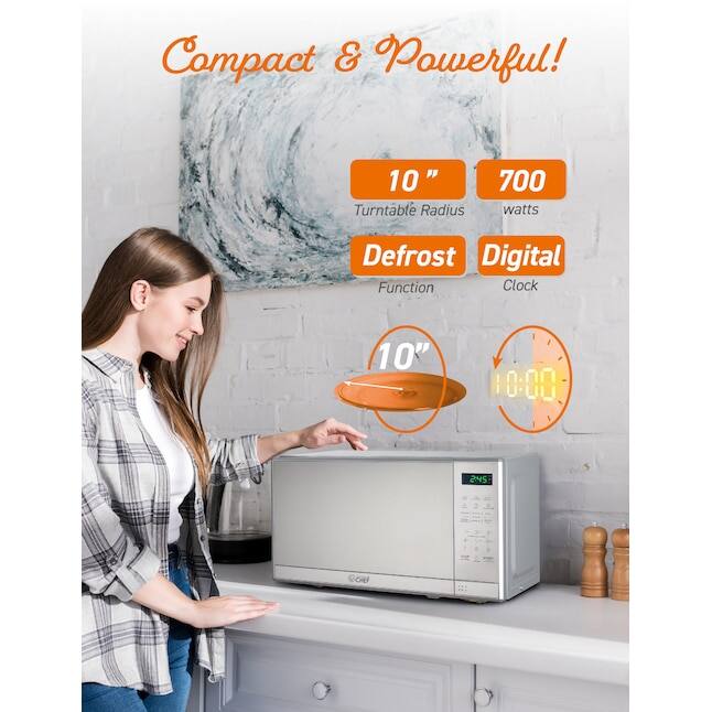 Compact & Powerful!  
10" Turntable Radius  
700 watts  
Defrost Function  
Digital Clock  
10"  
0:00  
2:45