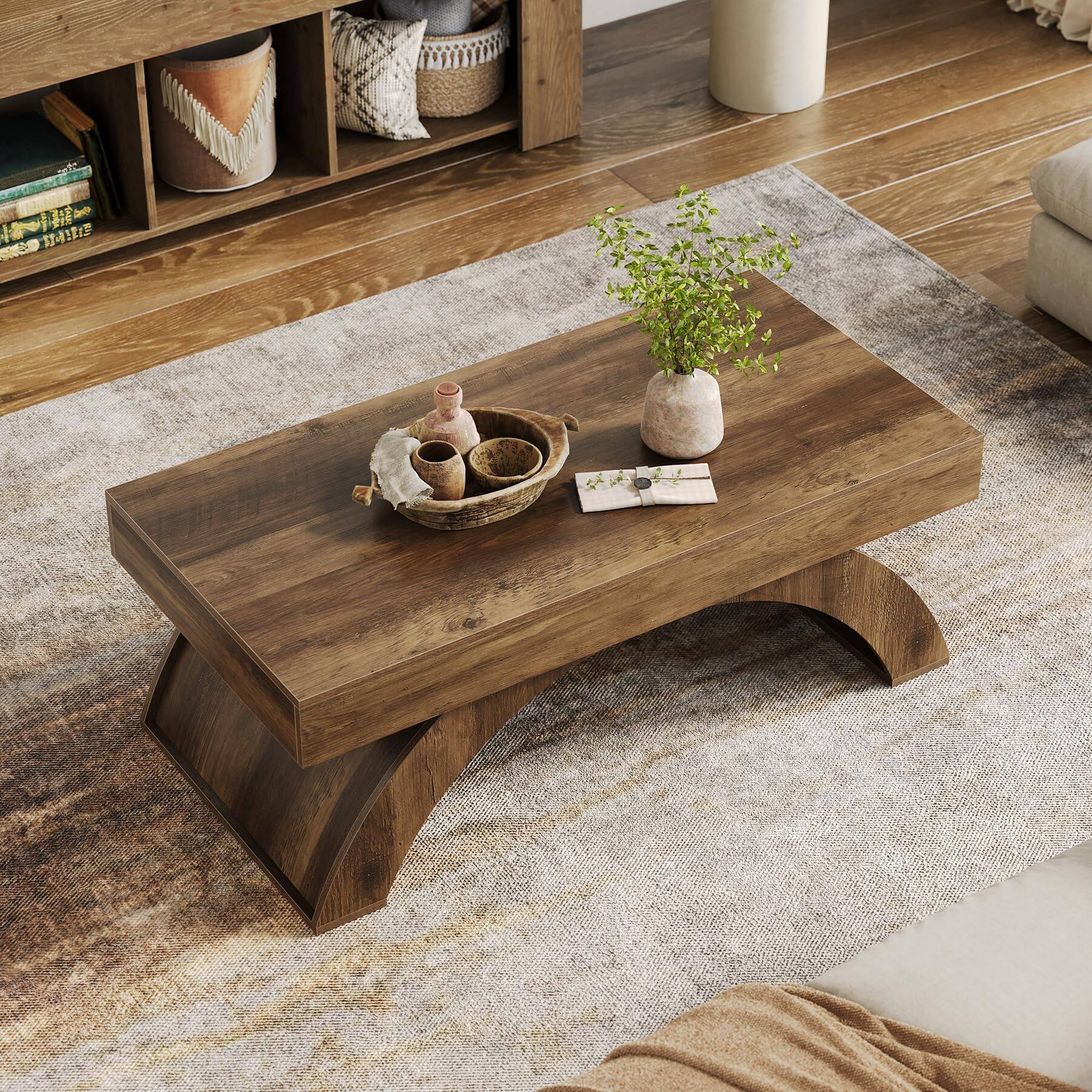 Alt View 4. Tribesigns - LITTLE TREE Modern Coffee Table, 47” Living Room Table, Rectangle Coffee Table with Artistic Arched Base, Wood Center Ta - Rustic Brown.
