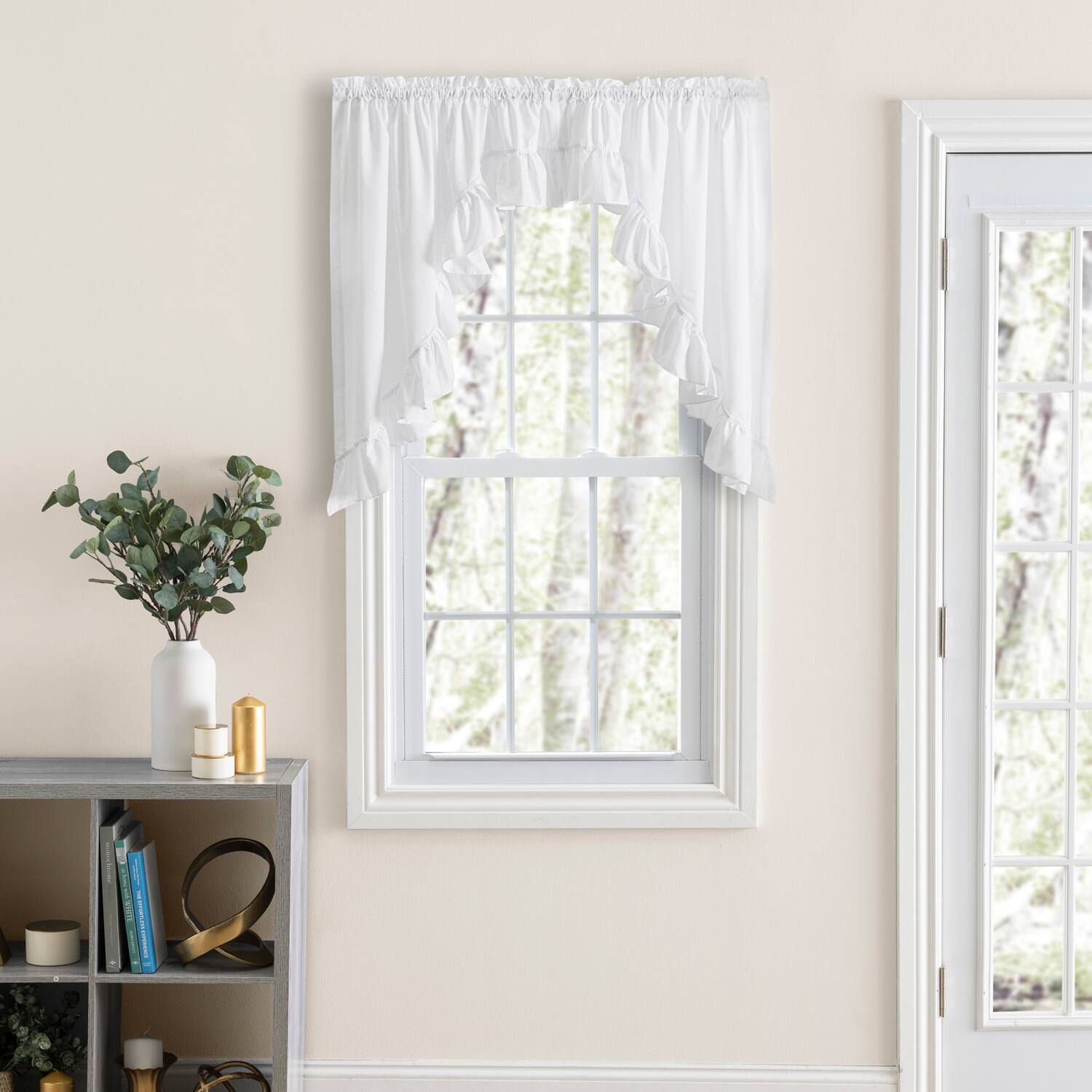 Angle. Ellis Curtain - ELLIS 65% Polyester 35% Cotton Classic Wide Solid Color Perma Press Ruffled Swag 84" x 63" White - White.