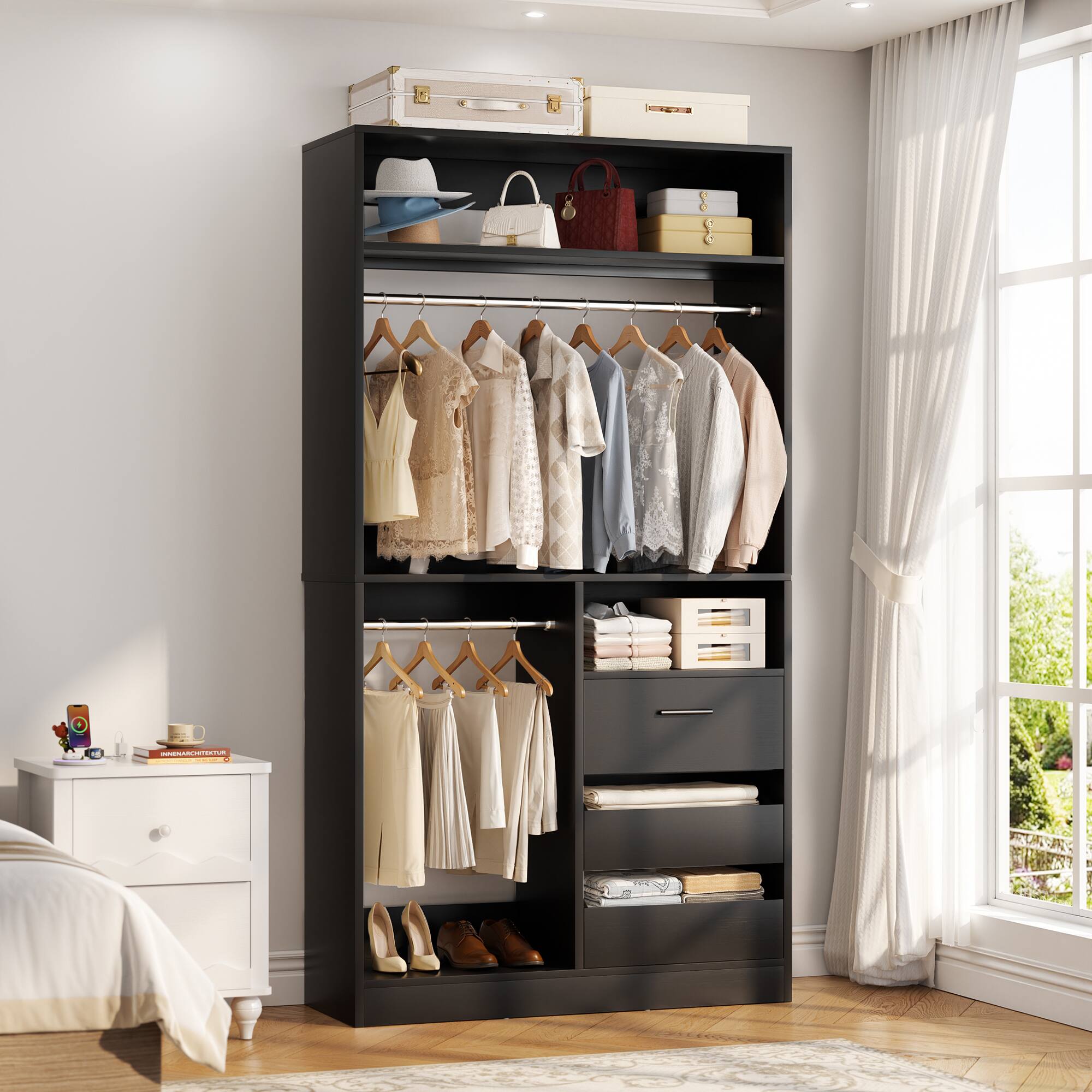 Left. Aheaplus - 108"W x 16"D x 80"H 3-Piece Heavy Duty Closet Organizer System with Drawers & Rods - Black.