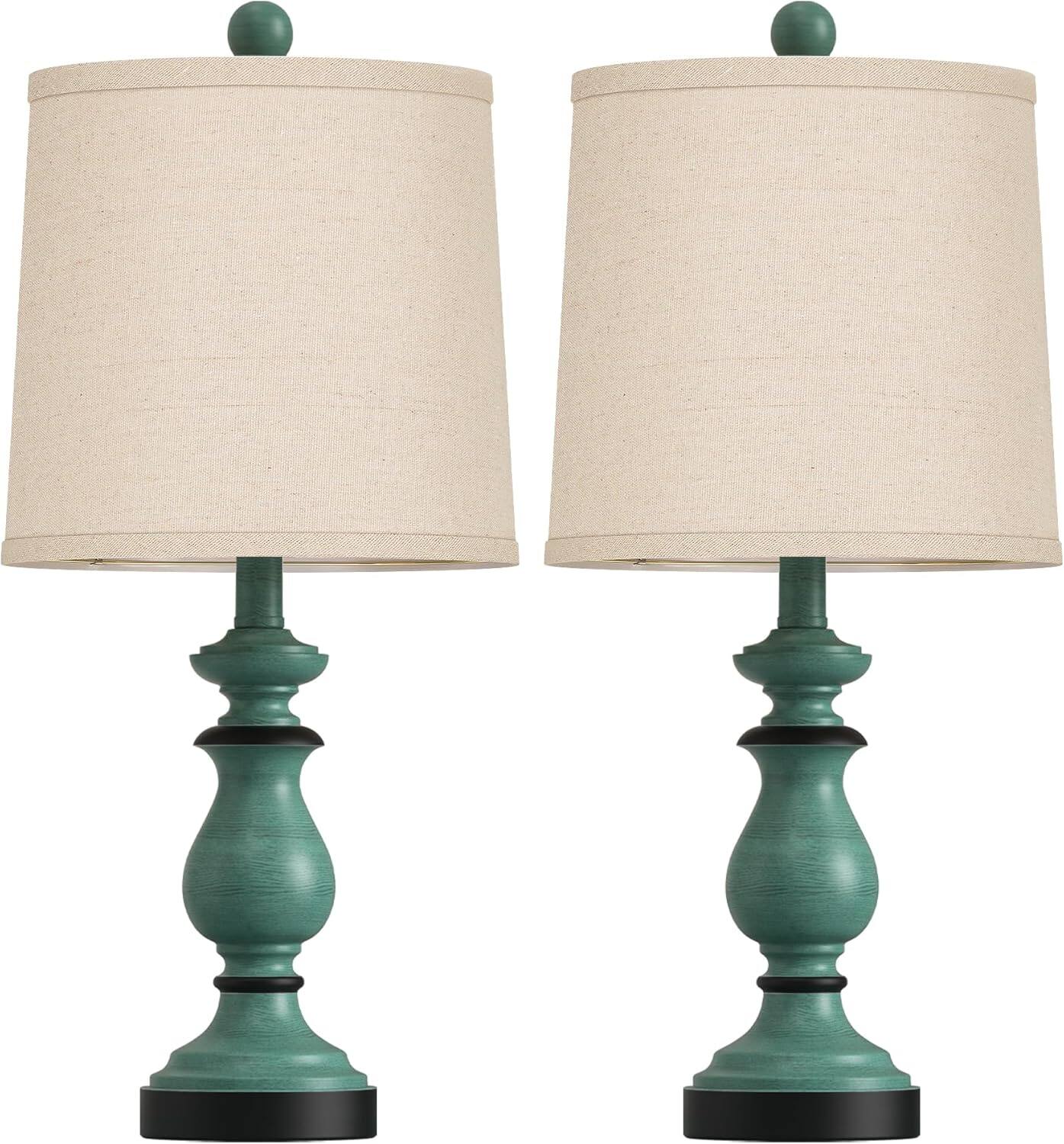 FINEAK - Rustic Farmhouse Table Lamps Set of 2 with Linen Shades - Antique Green