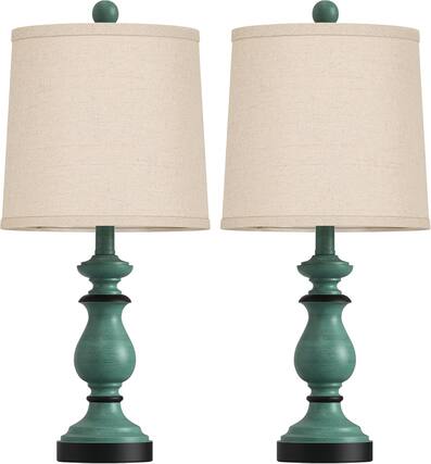 Front. FINEAK - Rustic Farmhouse Table Lamps Set of 2 with Linen Shades - Antique Green.