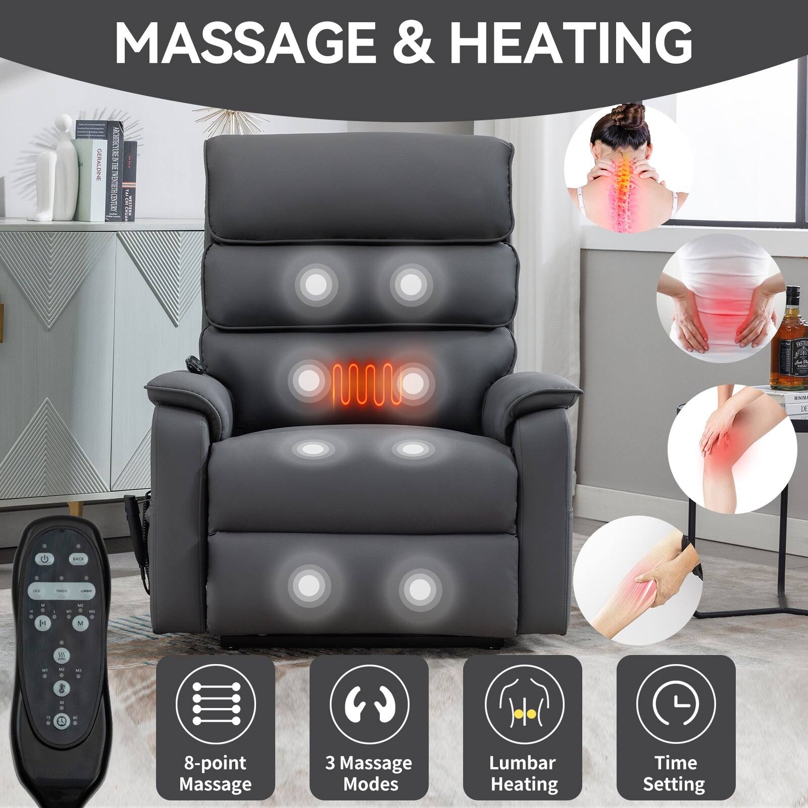 MASSAGE & HEATING

- 8-point Massage
- 3 Massage Modes
- Lumbar Heating
- Time Setting