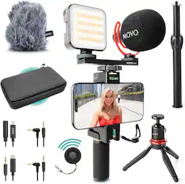 MOVO - iVlogger-PRO Vlogging Kit for iPhone/Android - YouTube Starter with Tripod, Mount, RGB Light, VXR10 Mic - Black