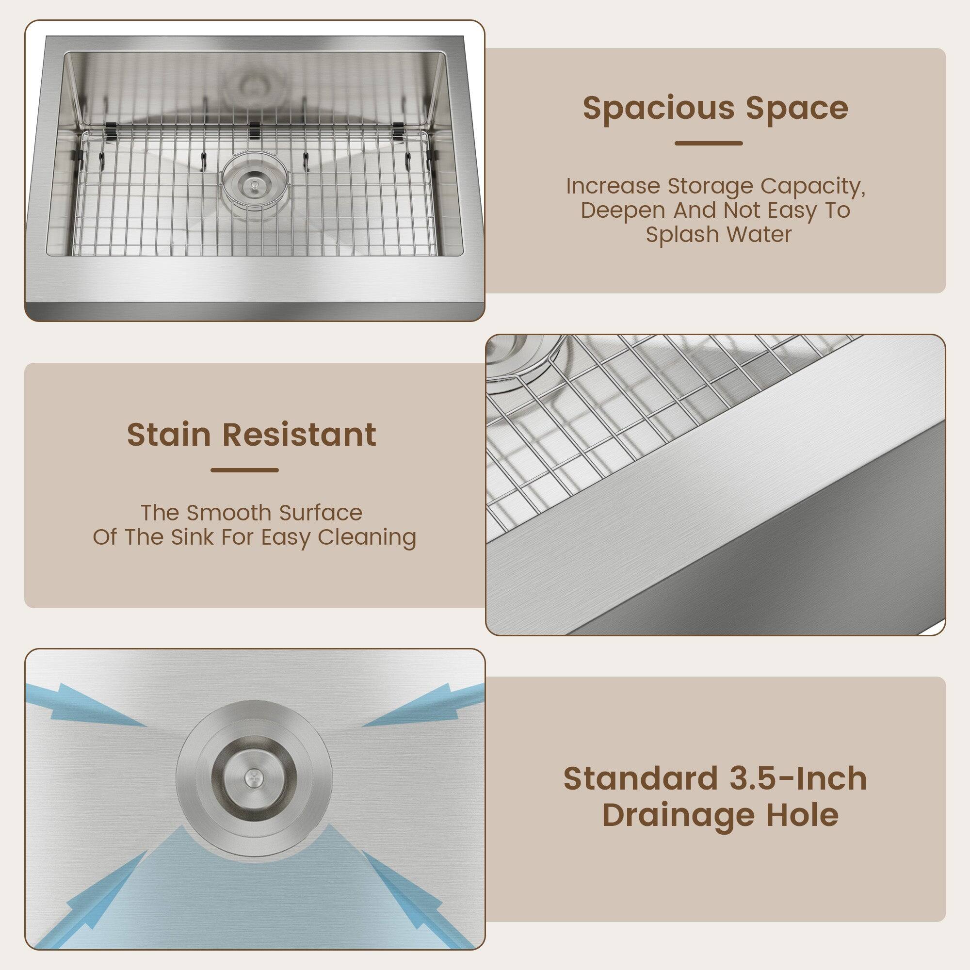 Spacious Space: Increase Storage Capacity, Deepen And Not Easy To Splash Water

Stain Resistant: The Smooth Surface Of The Sink For Easy Cleaning

Standard 3.5-Inch Drainage Hole