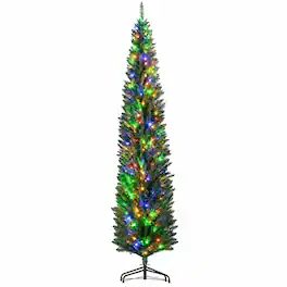 RYHNUYNE - 8FT Pre-Lit Pencil Christmas Tree With 250 Colorful LED Lights and 668 Branches, Steel Base - Green
