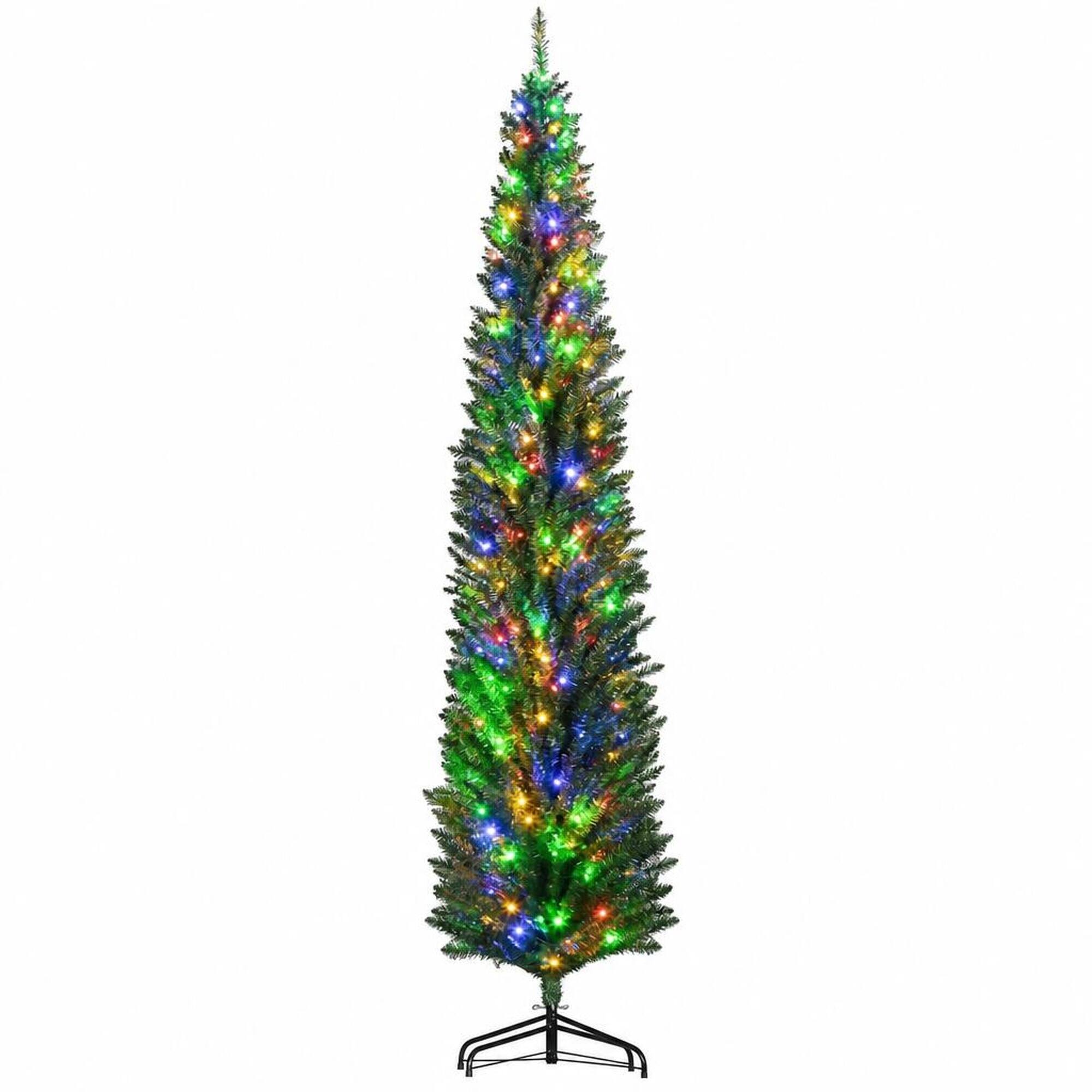 Front. RYHNUYNE - 8FT Pre-Lit Pencil Christmas Tree With 250 Colorful LED Lights and 668 Branches, Green Steel Base - Green.