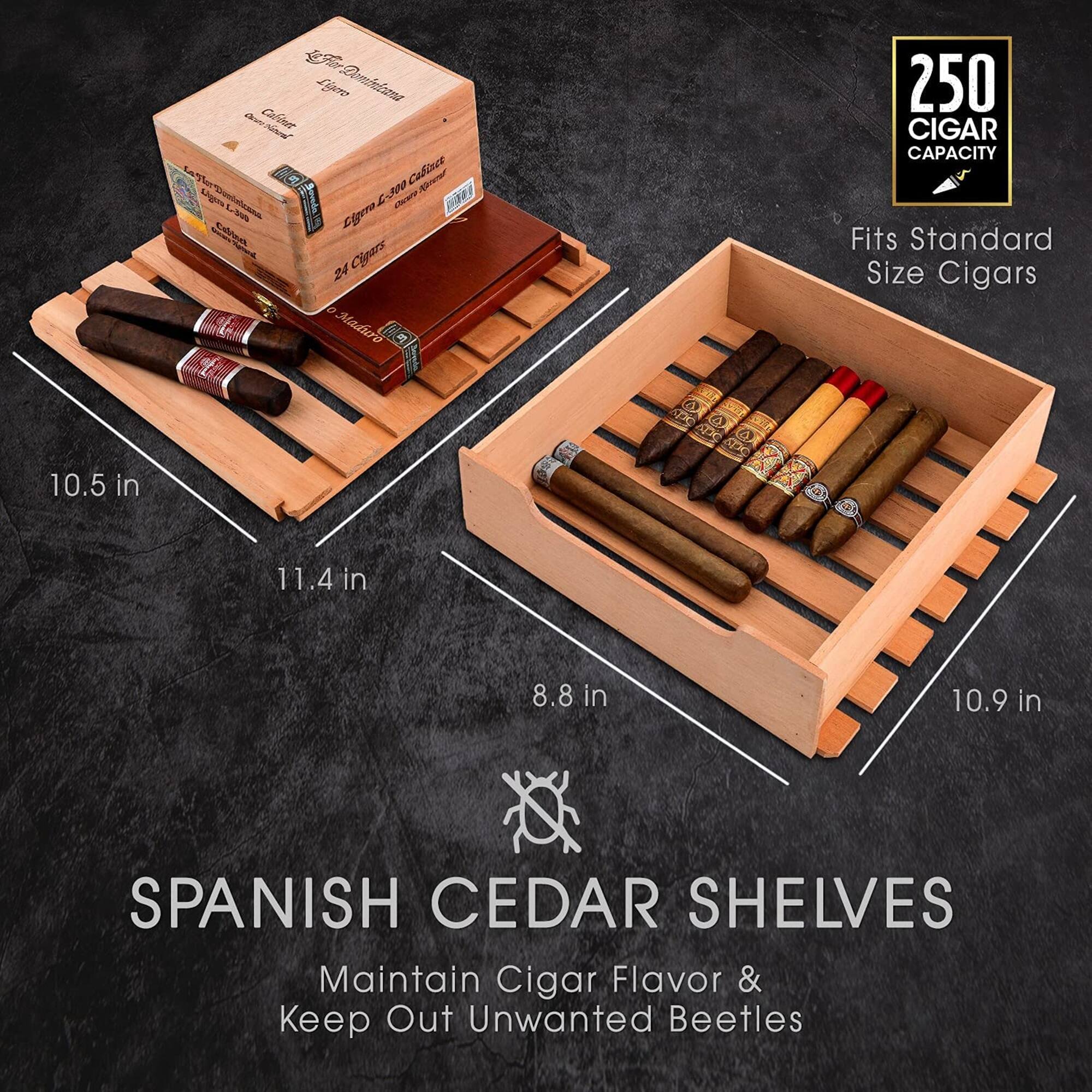 Sure, here is the corrected and grouped text from the image:

---

**SPANISH CEDAR SHELVES**

Maintain Cigar Flavor & Keep Out Unwanted Beetles

- **250 CIGAR CAPACITY**
- Fits Standard Size Cigars
- 10.5 in
- 11.4 in
- 8.8 in
- 10.9 in

---

**The Quaintum**
**Ligero**
**Ligero L-300 Cigar**
**24 Cigars**
**250 Maduro**

---

**Cipars**
**24 Maduro**

---