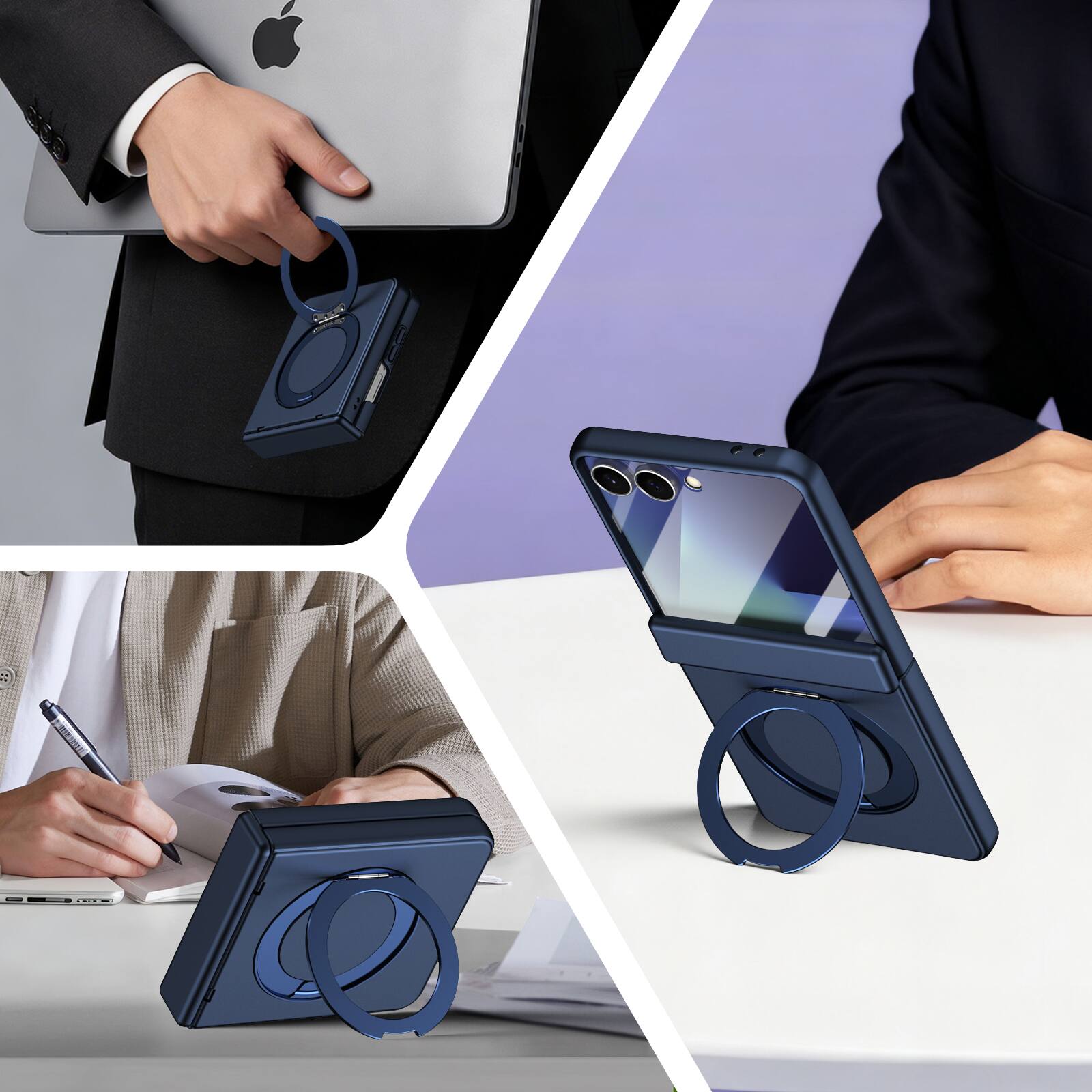Angle. Dteck - For Samsung Galaxy Z Flip 7 Rugged Case With Screen Protector, Shockproof Magnetic Ring Stand Hinge Protection Cover - Blue.