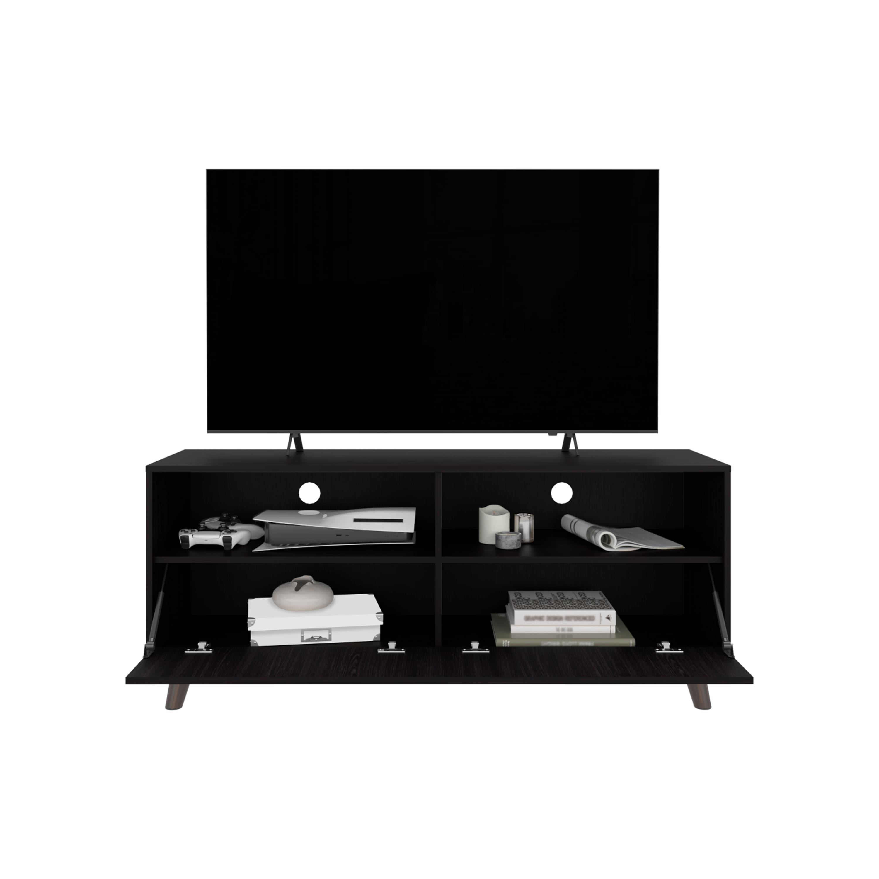 APRILSOUL - Patrick Tv Stand 2 Doors Open Storage Shelves Modern Entertainment Center - Black