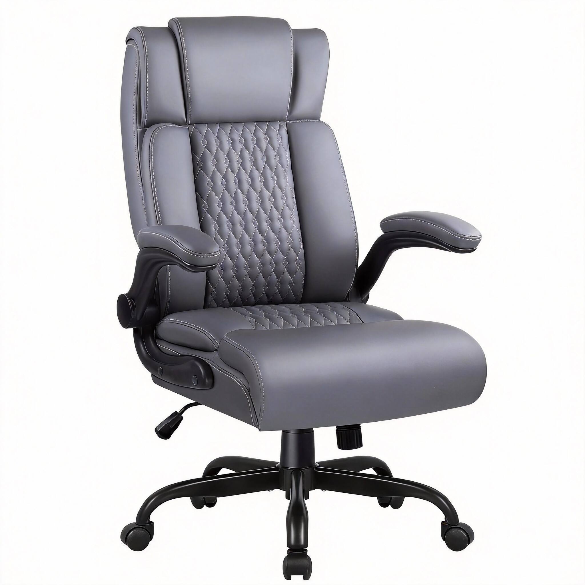 Grey Leather Chair, High Back, Adjustable Arms