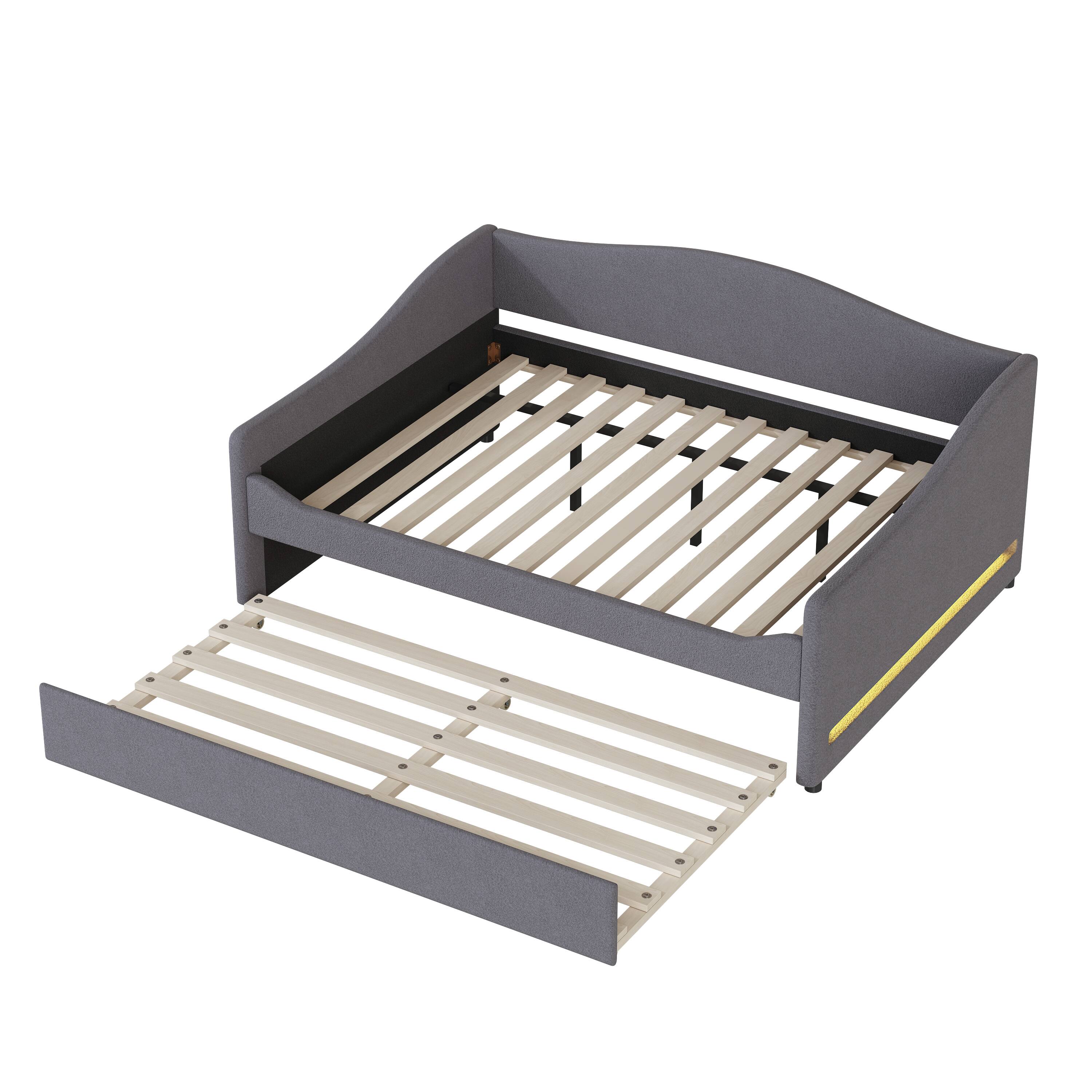 Alt View 4. Tiramisubest - Teddy Fleece Full Size Upholstered Daybed with Light and Trundle, Gray - Gray.