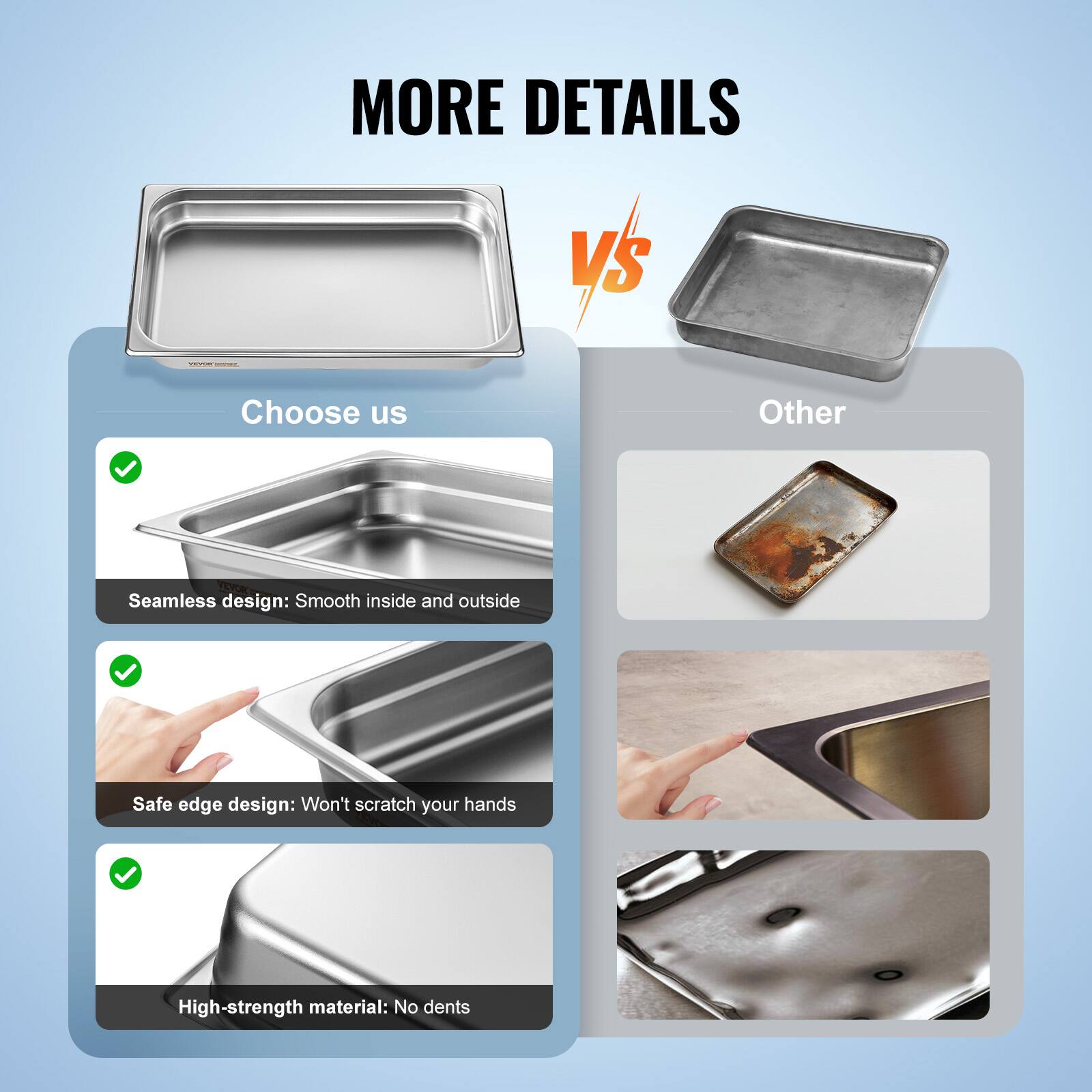 MORE DETAILS

Choose us

- Seamless design: Smooth inside and outside
- Safe edge design: Won't scratch your hands
- High-strength material: No dents

Other