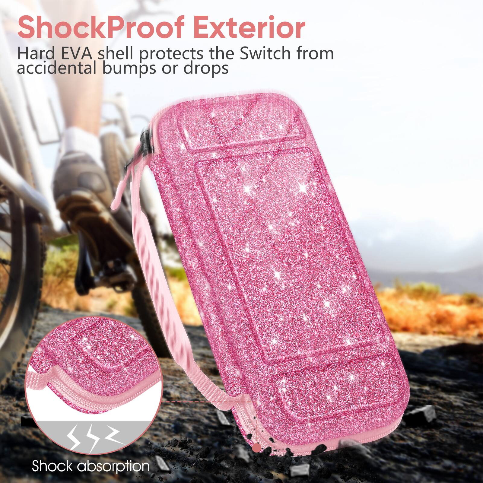 ShockProof Exterior  
Hard EVA shell protects the Switch from accidental bumps or drops  

SSZ Shock absorption