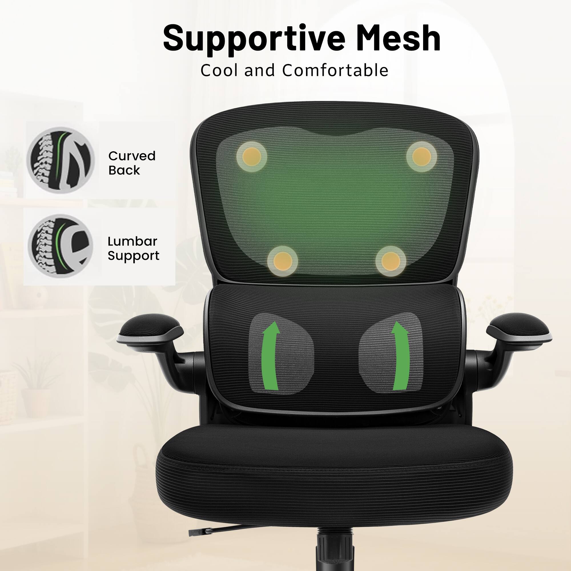 Supportive Mesh  
Cool and Comfortable  

Curved Back  
Lumbar Support