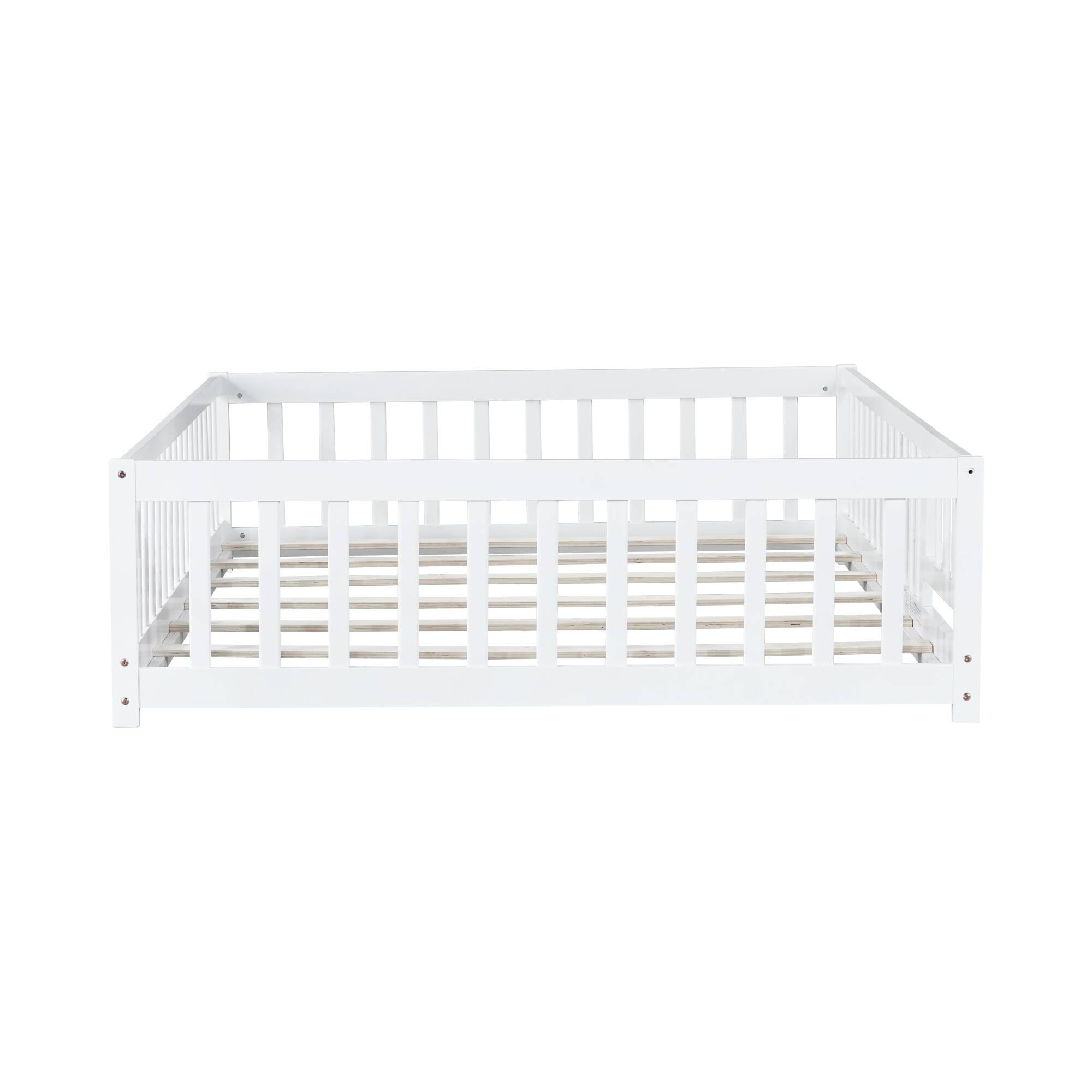 Alt View 5. GOODSILO - Full Size Low Profile Children's Floor Bed with Safety Guardrails and Entry Door, Solid Wood Construction - White.