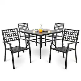 Nuu Garden - Outdoor 5-Piece Iron Dining Set, 4 Chairs and 37 Inch Square Dining Table with 1.57'' Umbrella Hole - Black