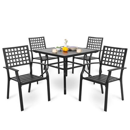 Front. Nuu Garden - Outdoor 5-Piece Iron Dining Set, 4 Chairs and 37 Inch Square Dining Table with 1.57'' Umbrella Hole - Black.