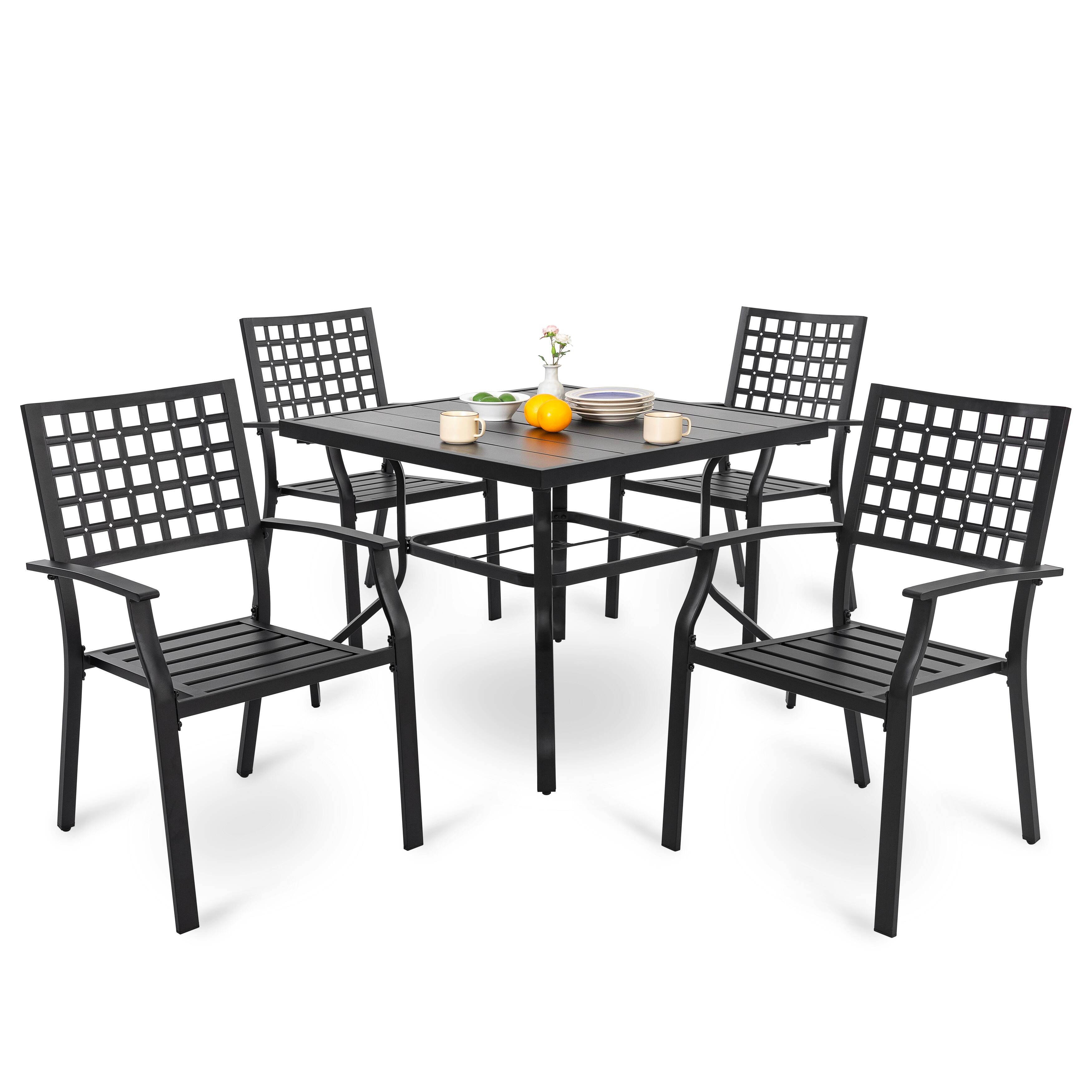 Front. Nuu Garden - Outdoor 5-Piece Iron Dining Set, 4 Chairs and 37 Inch Square Dining Table with 1.57'' Umbrella Hole - Black.