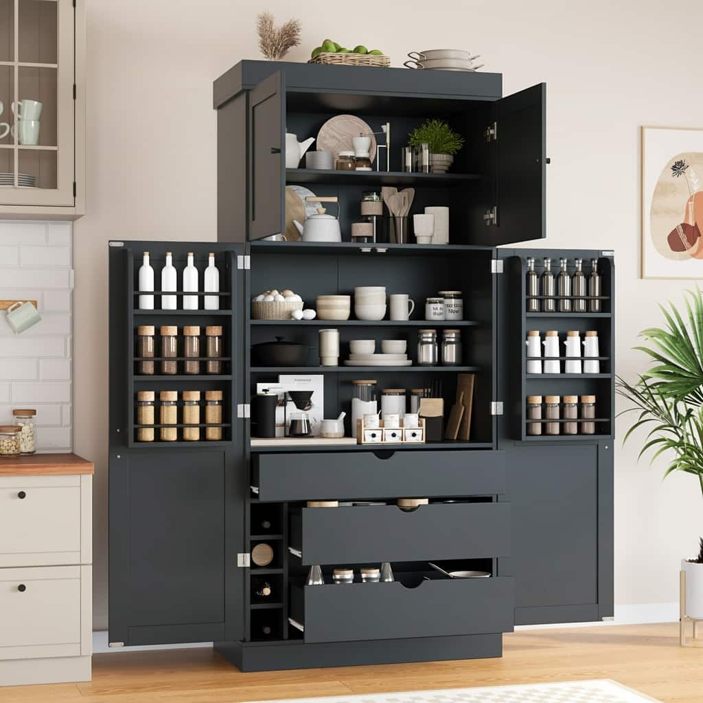 Forest'nSky - 77" Tall Kitchen Pantry Cabinet, Shaker Style with Adjustable Shelves, Drawers & Wine Racks,Grey - Gray