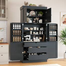 Forest'nSky - 77" Tall Kitchen Pantry Cabinet, Shaker Style with Adjustable Shelves, Drawers & Wine Racks,Grey - Gray