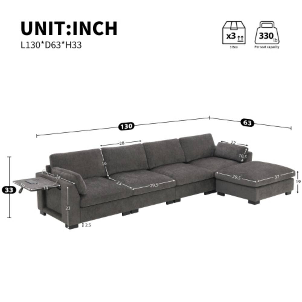 UNIT: INCH  
L130*D63*H33  
x3 11  
3 Box  
Per seat capacity 330 lb  
130  
63  
16  
28  
22  
1  
10.5  
33  
23  
29.5  
29.5  
37  
19  
23  
125