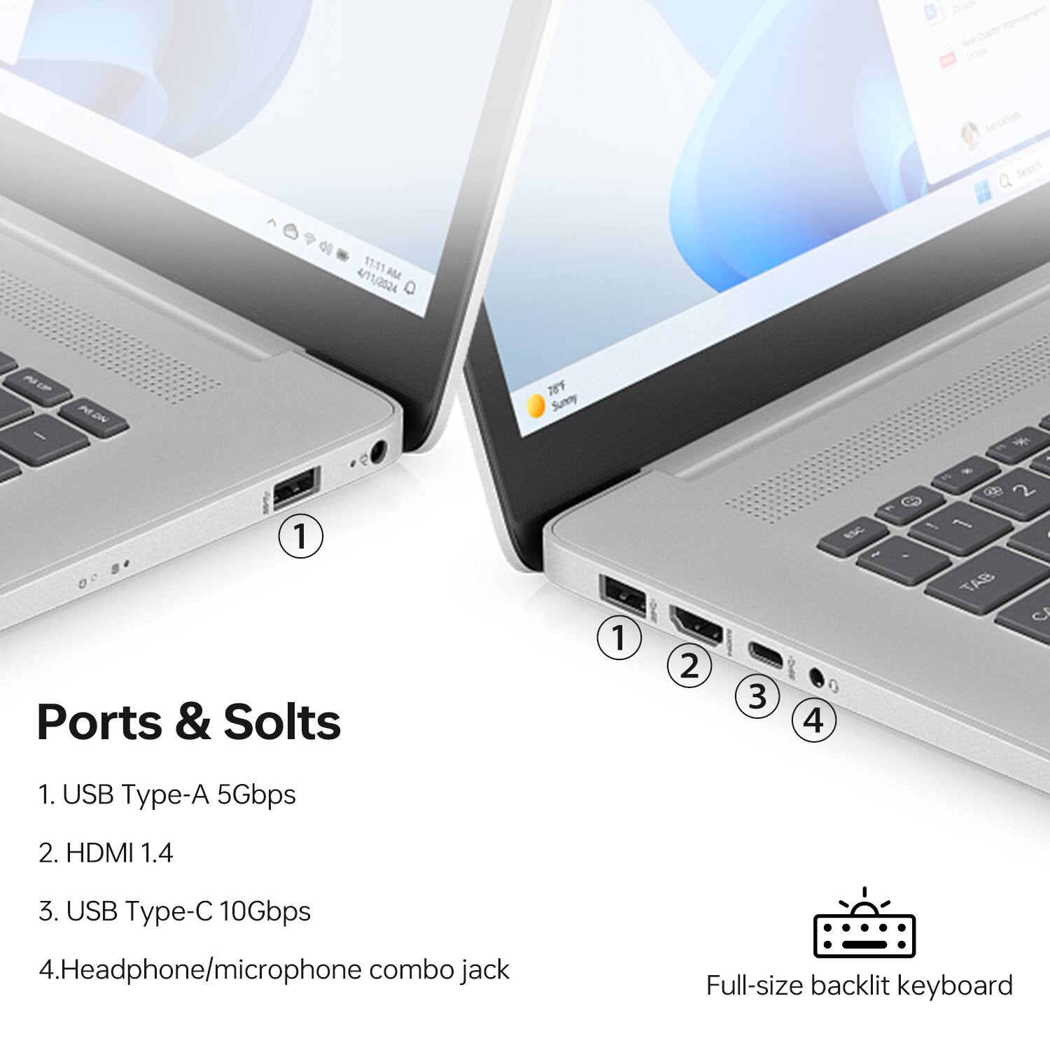 Ports & Sockets

1. USB Type-A 5Gbps
2. HDMI 1.4
3. USB Type-C 10Gbps
4. Headphone/microphone combo jack

Full-size backlit keyboard