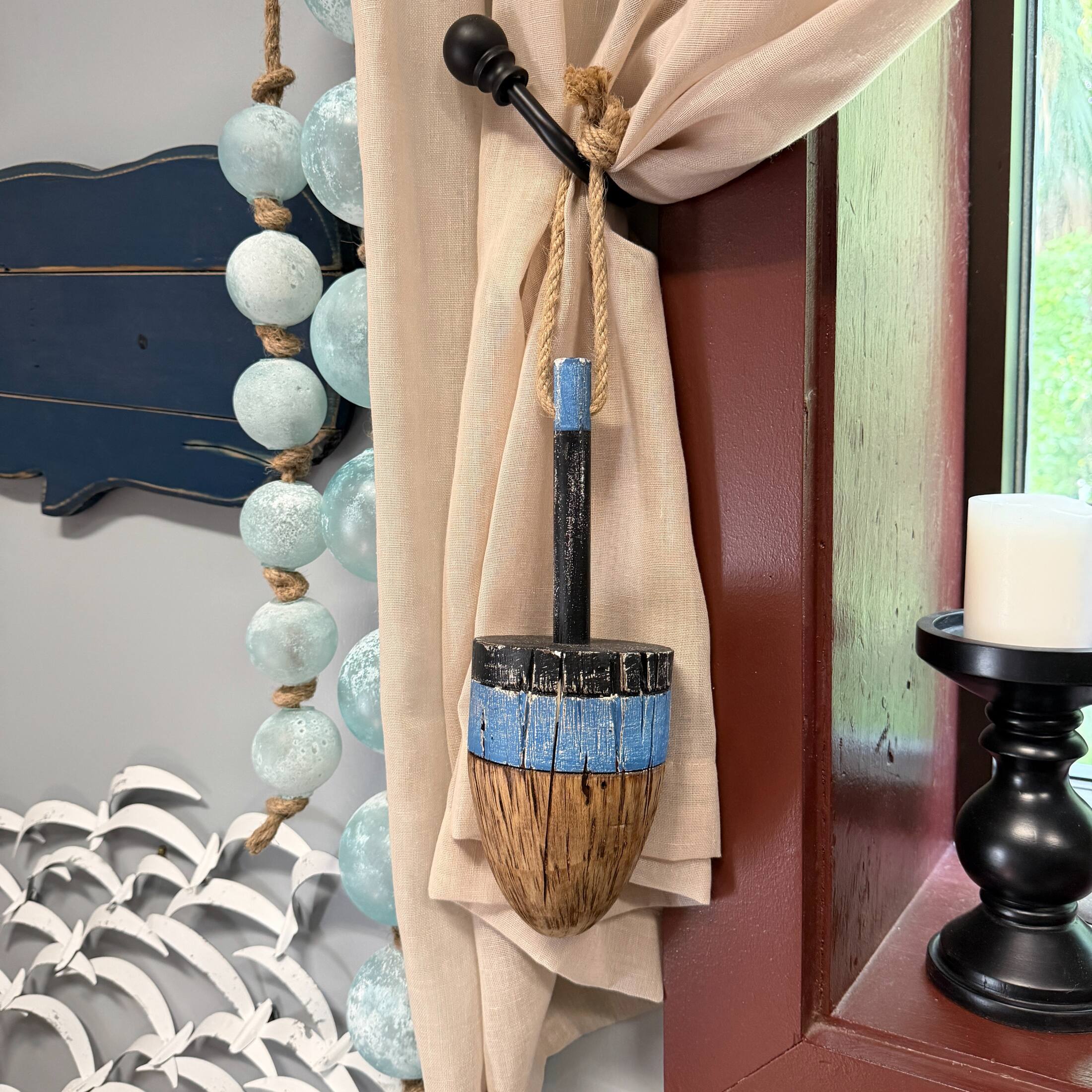Alt View 6. Things2Die4 - Decorative Wood Buoy Blue Stripe Rope Hanger 15 Inch Nautical Wall Accent - Blue.