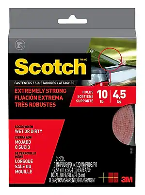 **TMC Scotch Fasteners**
**Fasteners / Sujetadores / Attachés**
**Extremely Strong**
**Fijación Extrema**
**Très Robustes**
**Holds 10 lb / 4.5 kg**
**Locks When Wet or Dirty**
**Cierra Aun Mojado o Sucio**
**Se Verroille Même Lorsque Sale ou Mouillé**
**1 in / 120 in**
**2.54 cm x 3.04 m**
**Total 20 ft / 6 m**
**Clear / Transparente / Transparent**
**3M**