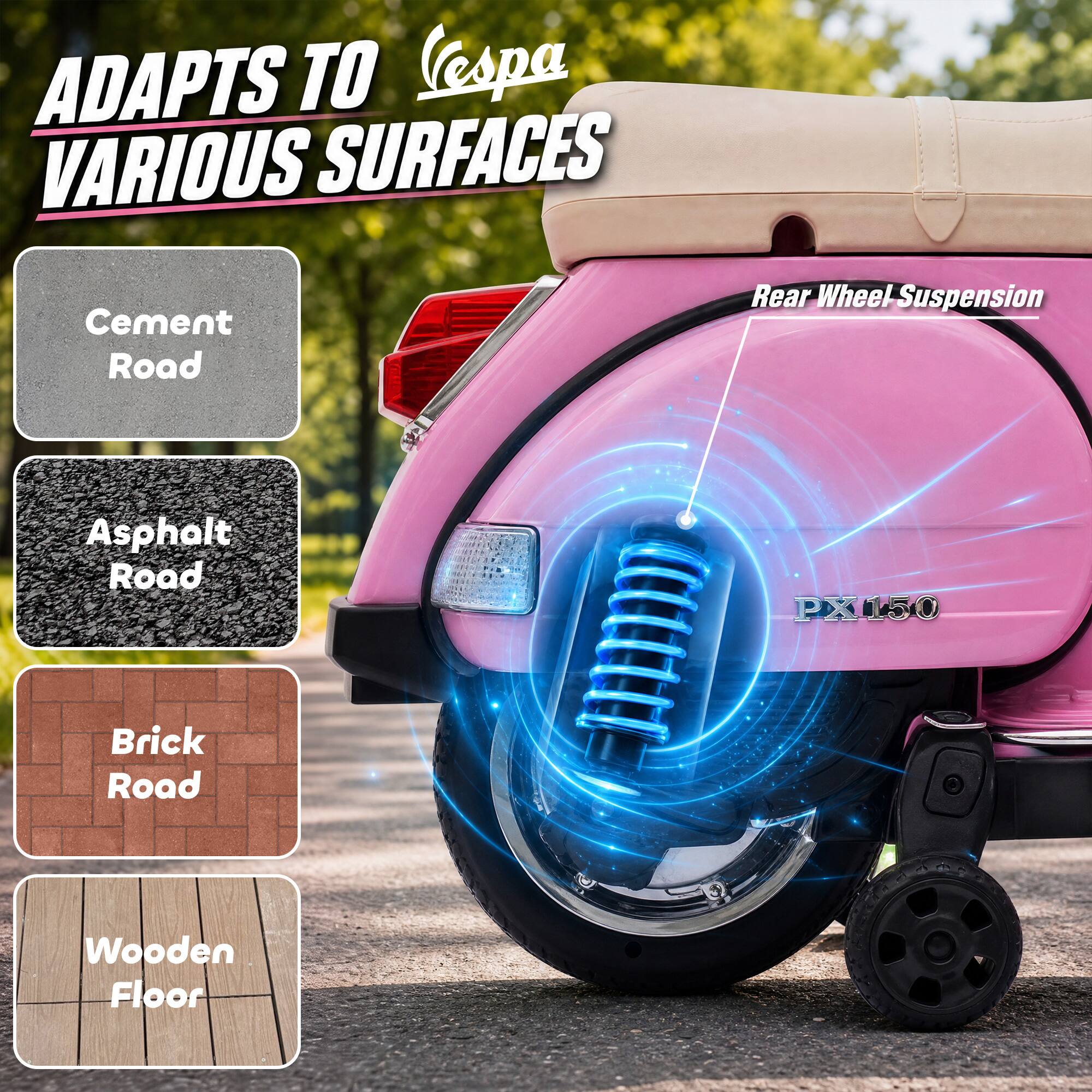ADAPTS TO VARIOUS SURFACES

Cement Road  
Asphalt Road  
Brick Road  
Wooden Floor  

Rear Wheel Suspension  
PX150