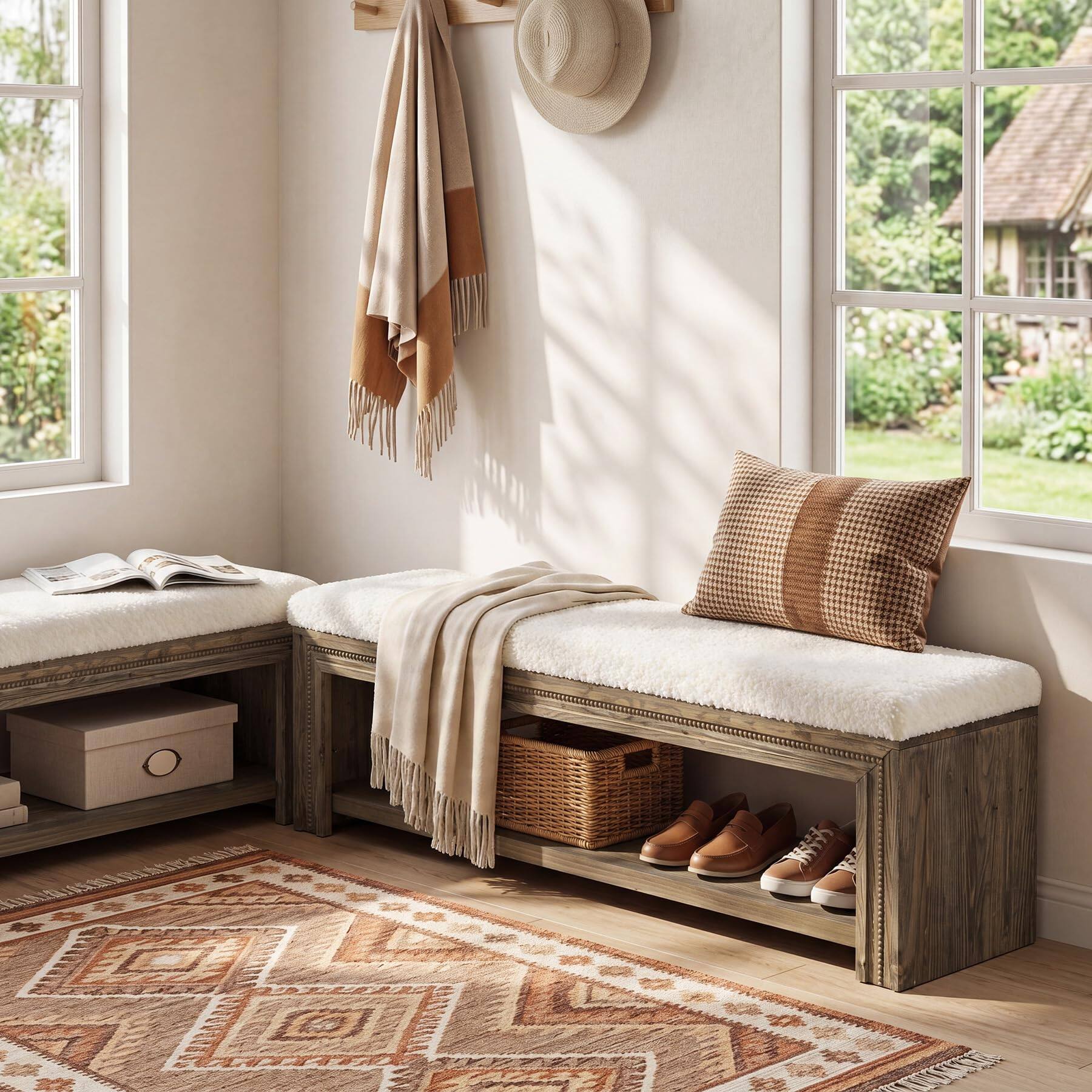 Alt View 2. Tribesigns - 55" Solid Wood Entryway Shoe Bench with Shoe Shelf - Brown&white.