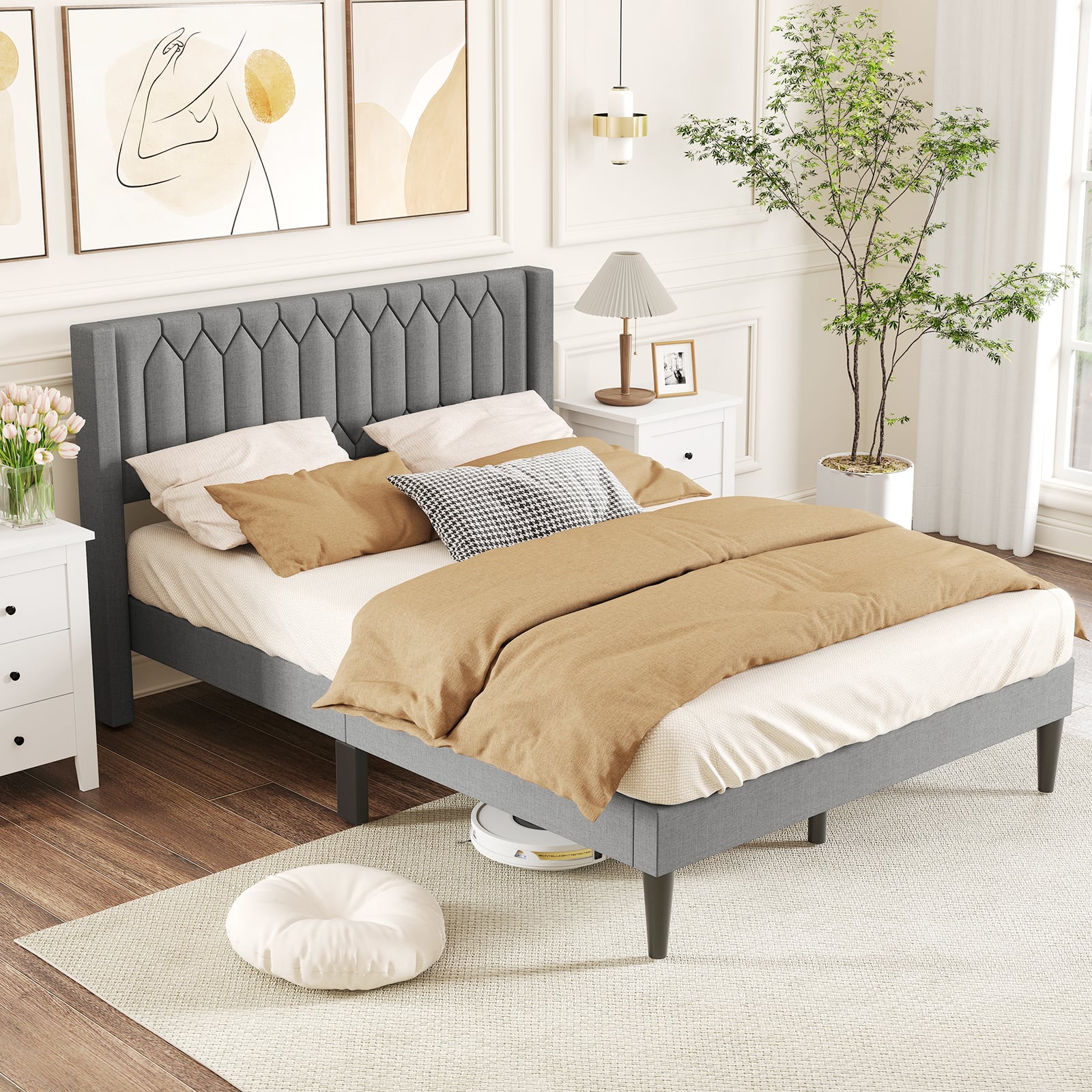 Gymax - Queen Size Bed Frame Linen Fabric Upholstered Platform Bed w/Wingback Headboard - Gray