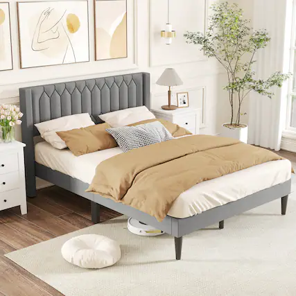 Front. Gymax - Gymax Queen Size Bed Frame Linen Fabric Upholstered Platform Bed w/Wingback Headboard Gray - Gray.