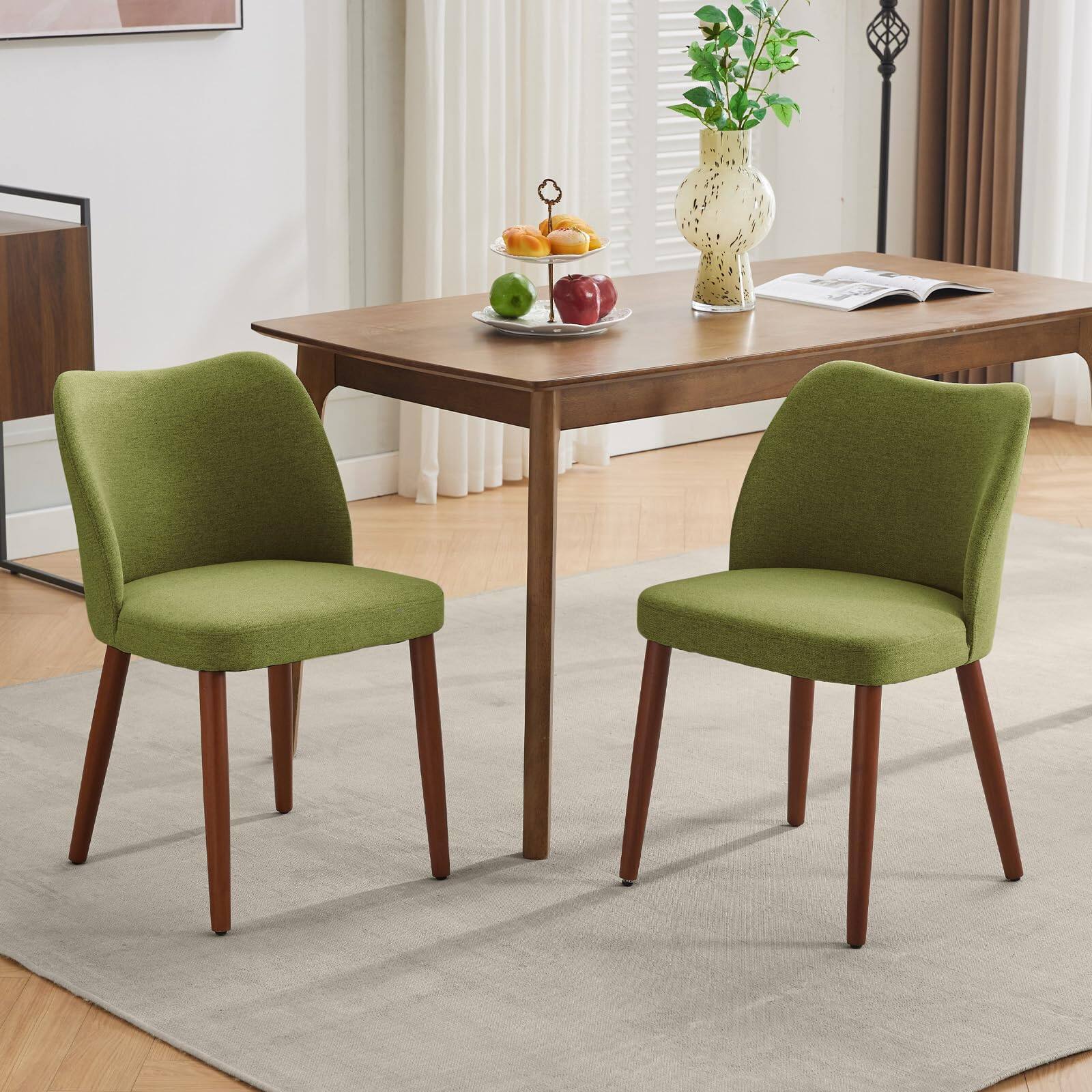 Front. Acekool - Dining Chair Set of 2, Linen Upholstered Side Chair with Wood Legs, Wing Backrest - Green.