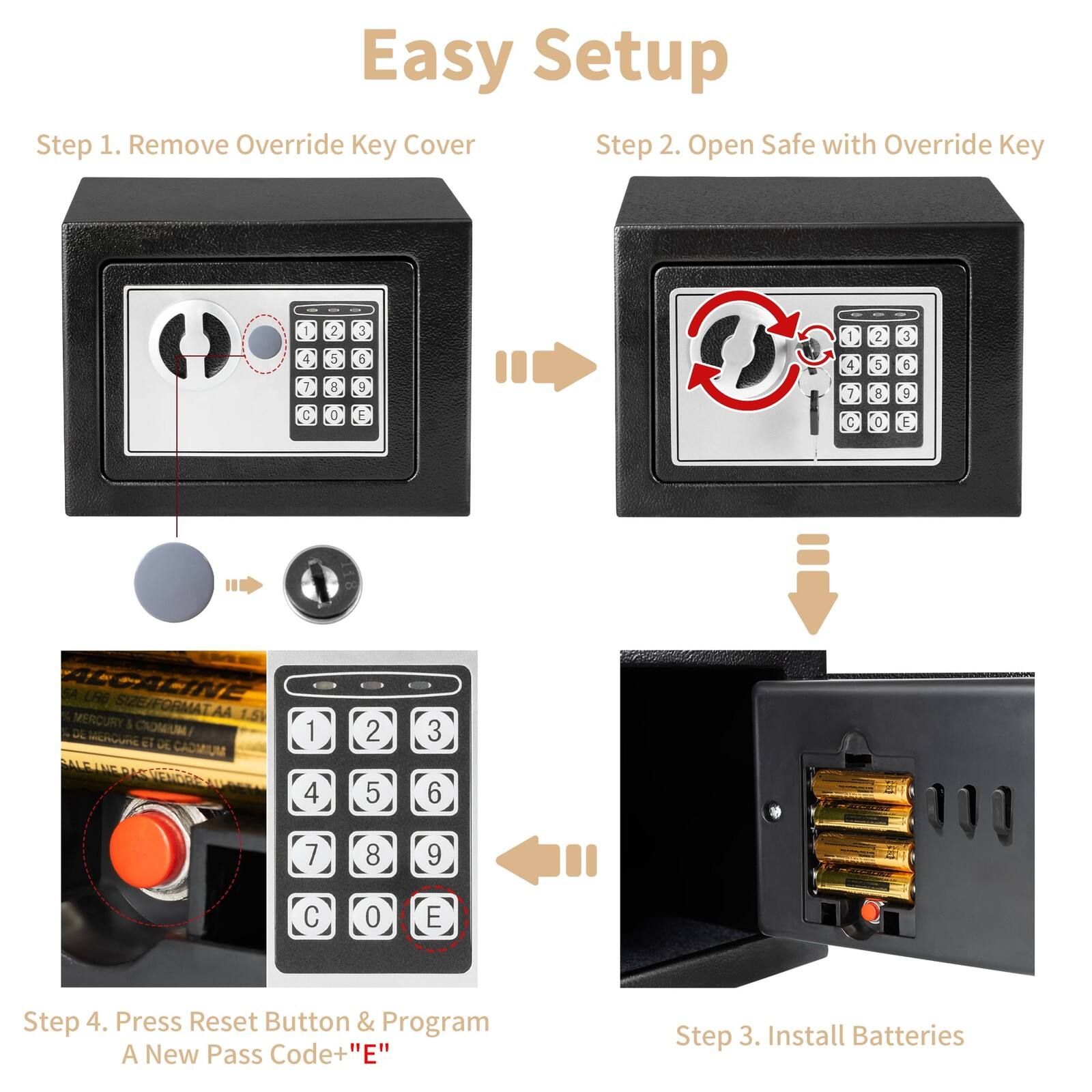 Easy Setup

Step 1. Remove Override Key Cover

Step 2. Open Safe with Override Key

Step 3. Install Batteries

Step 4. Press Reset Button & Program A New Pass Code+"E"