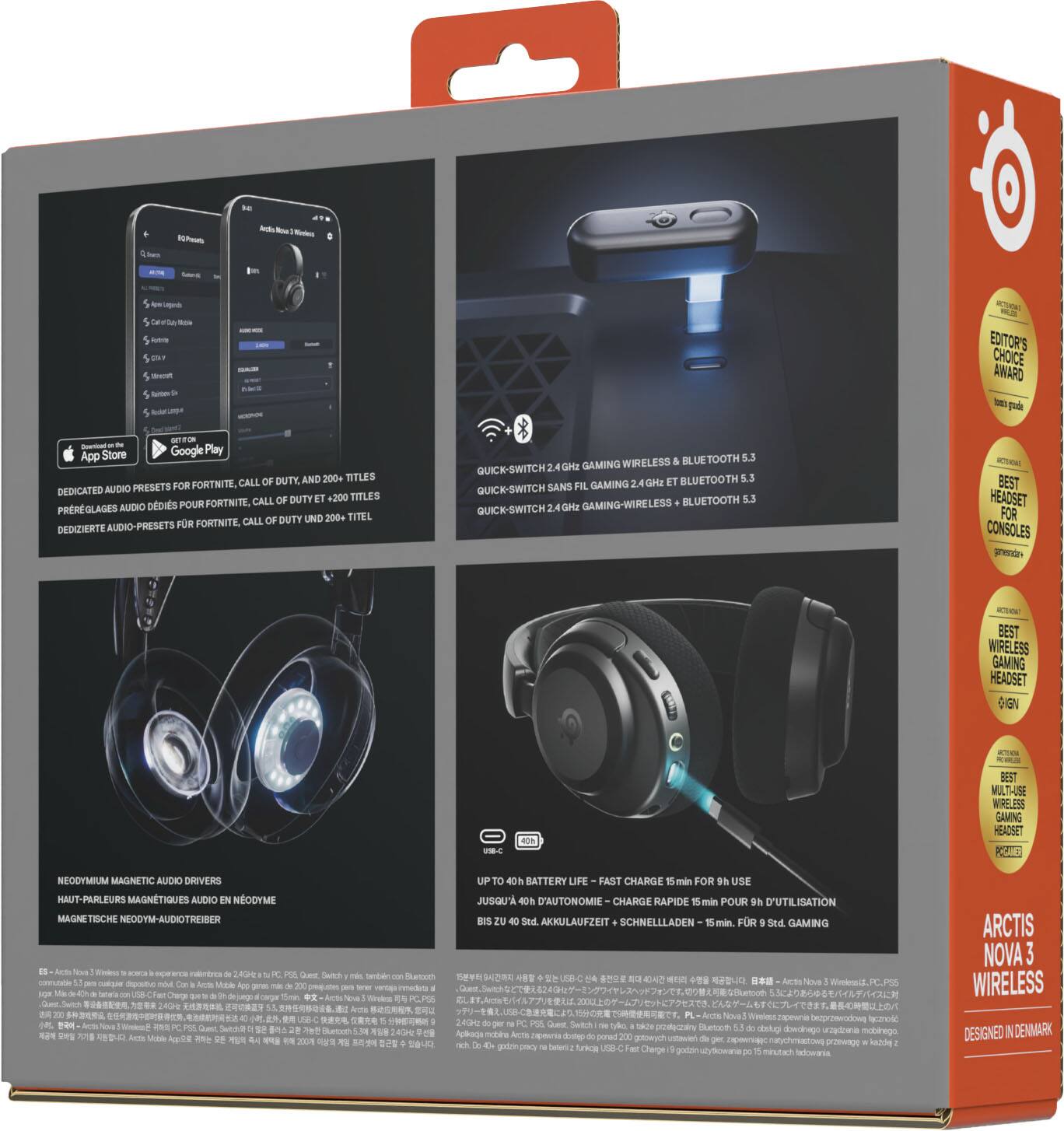 - EDITOR'S CHOICE AWARD
- DEDICATED AUDIO PRESETS FOR FORTNITE, CALL OF DUTY, AND 200+ TITLES
- QUICK-SWITCH 2.4 GHz GAMING WIRELESS & BLUETOOTH 5.3
- NEODYMIUM MAGNETIC AUDIO DRIVERS
- UP TO 40h BATTERY LIFE - FAST CHARGE 15min FOR 9h USE
- BEST WIRELESS GAMING HEADSET FOR CONSOLES
- BEST MULTI-USE WIRELESS GAMING HEADSET
- ARCTIS NOVA 3 WIRELESS
- DESIGNED IN DENMARK