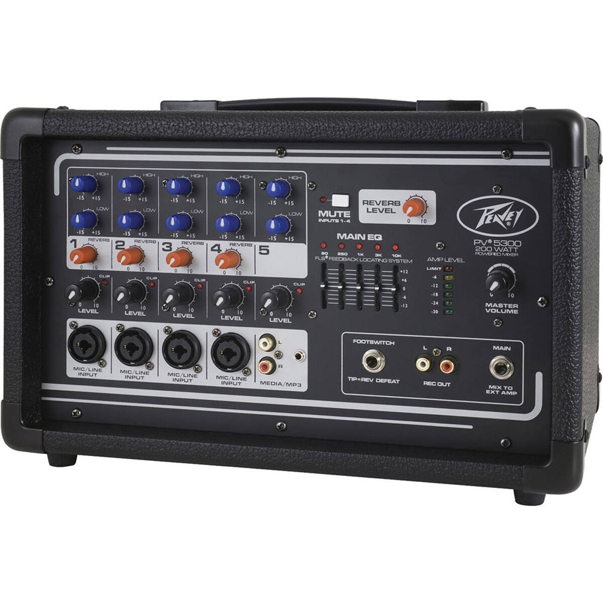 HGH HGH HGH HGH HGH  
3 -15 +15 -15 +15 -15 +15 .15 +15 -15 +15  
REVERB LOW LOW LEVEL LOW LOW LOW MUTE  
PENEY INPUTS 1-4  
10 -15 +15 -15 +15 -15 +15 -15 +15  
MAIN EG REVERB -15 +15  
1 REVERO REVERB PV 5300  
2 3 REVERB 4 5  
200 WATT 80 250 1K 3K POWERED MXER  
10K FLS FEEDBACK LOCATING AMP LEVEL SYSTEM D  
0 10 LIMIT 0 10 +12 0 0  
CLIB 4 CLIB CLIB H CLIP CLIP -12 0  
10 4 0 -14 4 0 -1  
MASTER 10 LEVEL 10 I -30 VOLUME LEVEL 10 0  
LEVEL LEVEL LEVEL  
FOOTSWITCH  
R  
MAIN  
MIC LINE