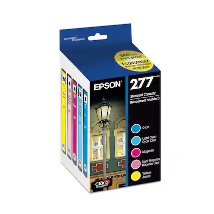 DESIGNED FOR EXCELLENCE
EPSON 277
Standard Capacity
Rendement standard
SAVE with multi-packs
ÉCONOMISEZ avec les emballages multiples
Cyan
Light Cyan
Cyan Clair
Magenta
Light Magenta
Magenta Clair
Yellow
Jaune
Claria Photo
Photo HD