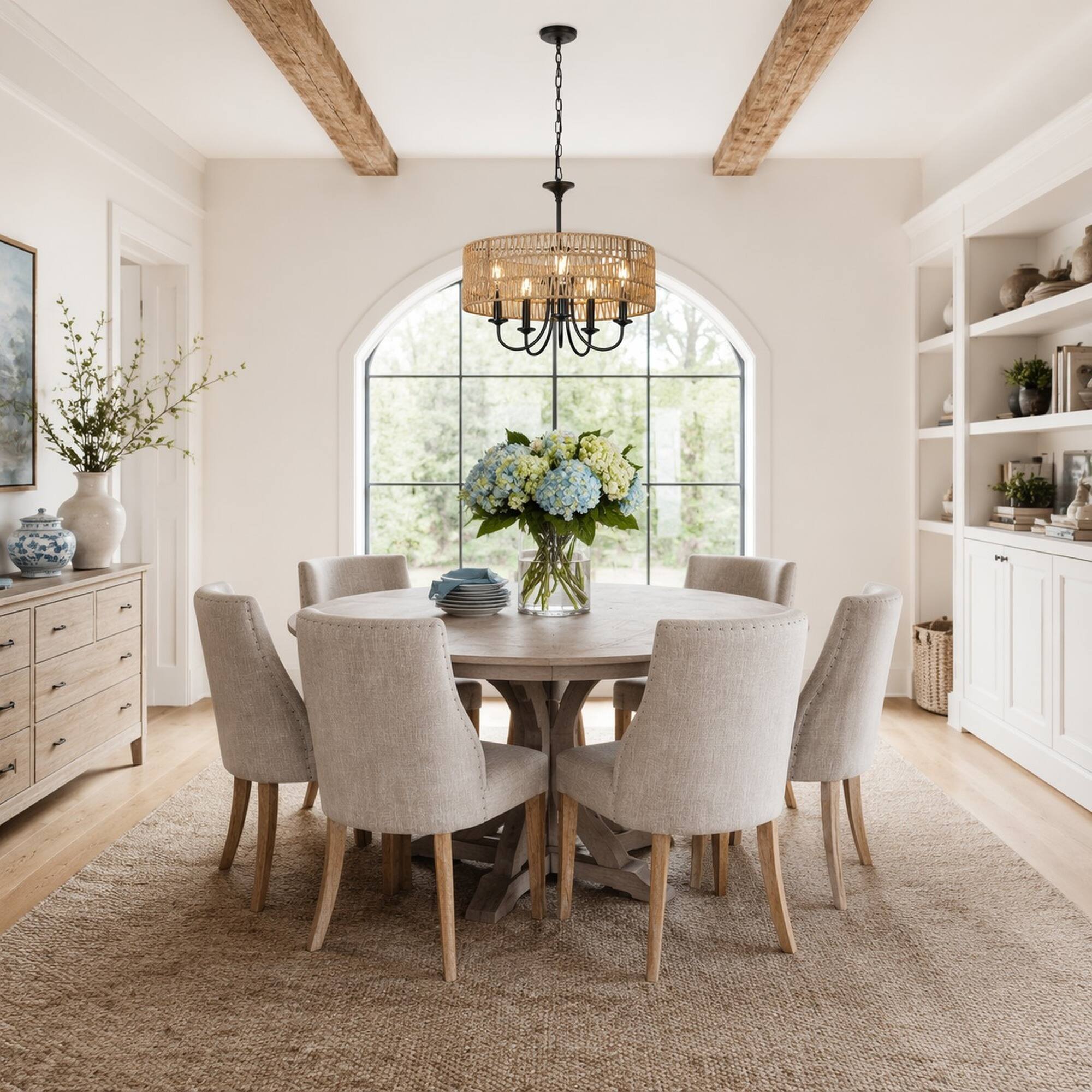 Left. RYHNUYNE - Modern Farmhouse 5‑Light Rattan Chandelier,Hand‑Woven Wicker Shade Boho Black Pendant Light for Dining Room - Brown.