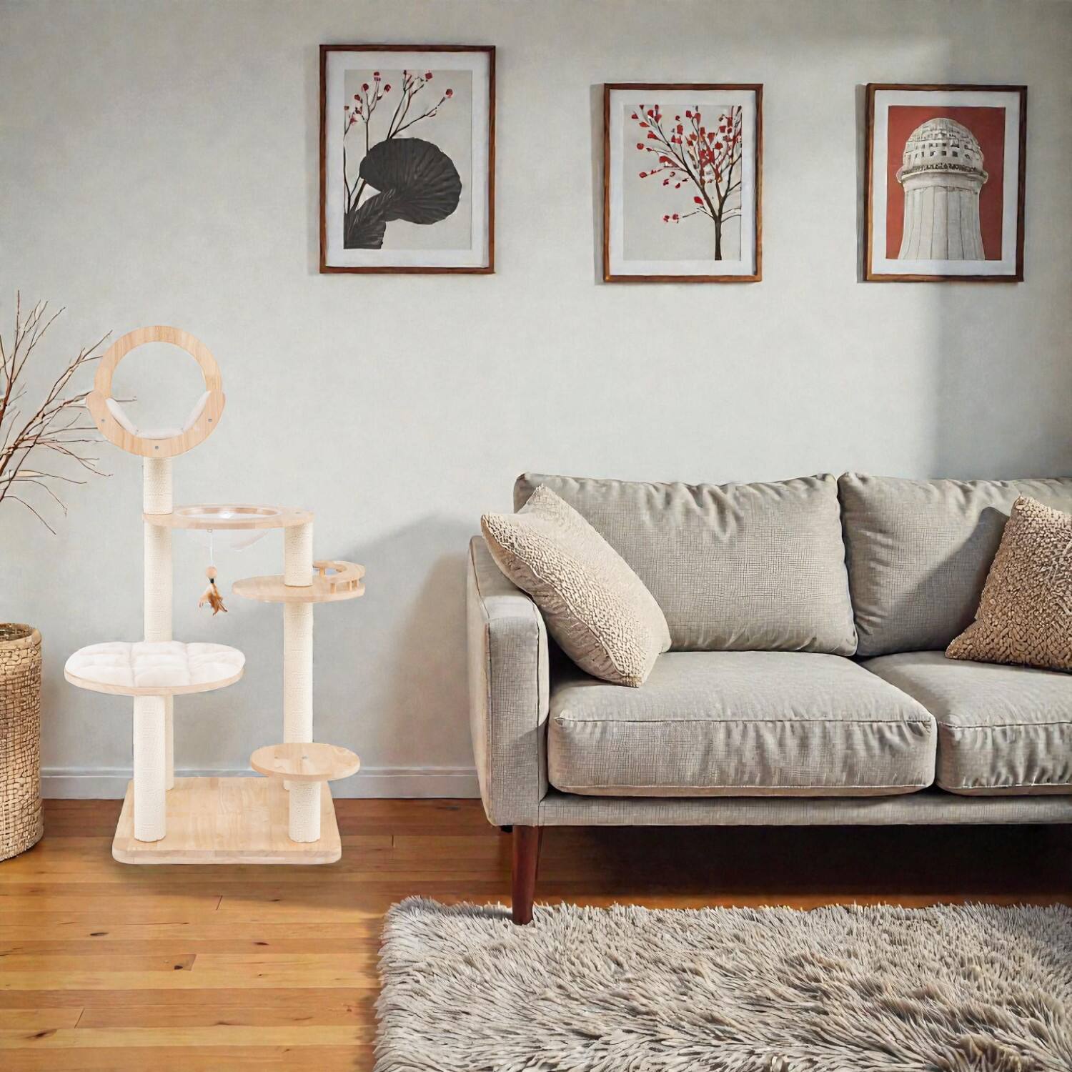 Front. BreeBe - 4-in-1 Indoor Cat Tower with Wooden Structure and Space Capsule Nest - Beige.