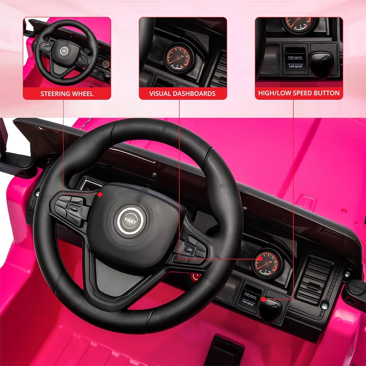 - Steering Wheel
- Visual Dashboards
- High/Low Speed Button
- Fast