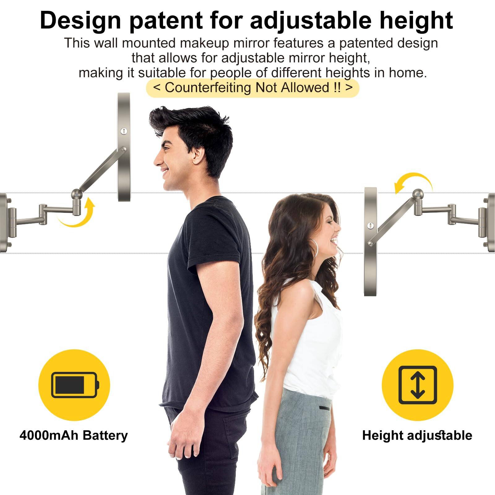 Design patent for adjustable height

This wall mounted makeup mirror features a patented design that allows for adjustable mirror height, making it suitable for people of different heights in home.

< Counterfeiting Not Allowed !! >

4000mAh Battery

Height adjustable