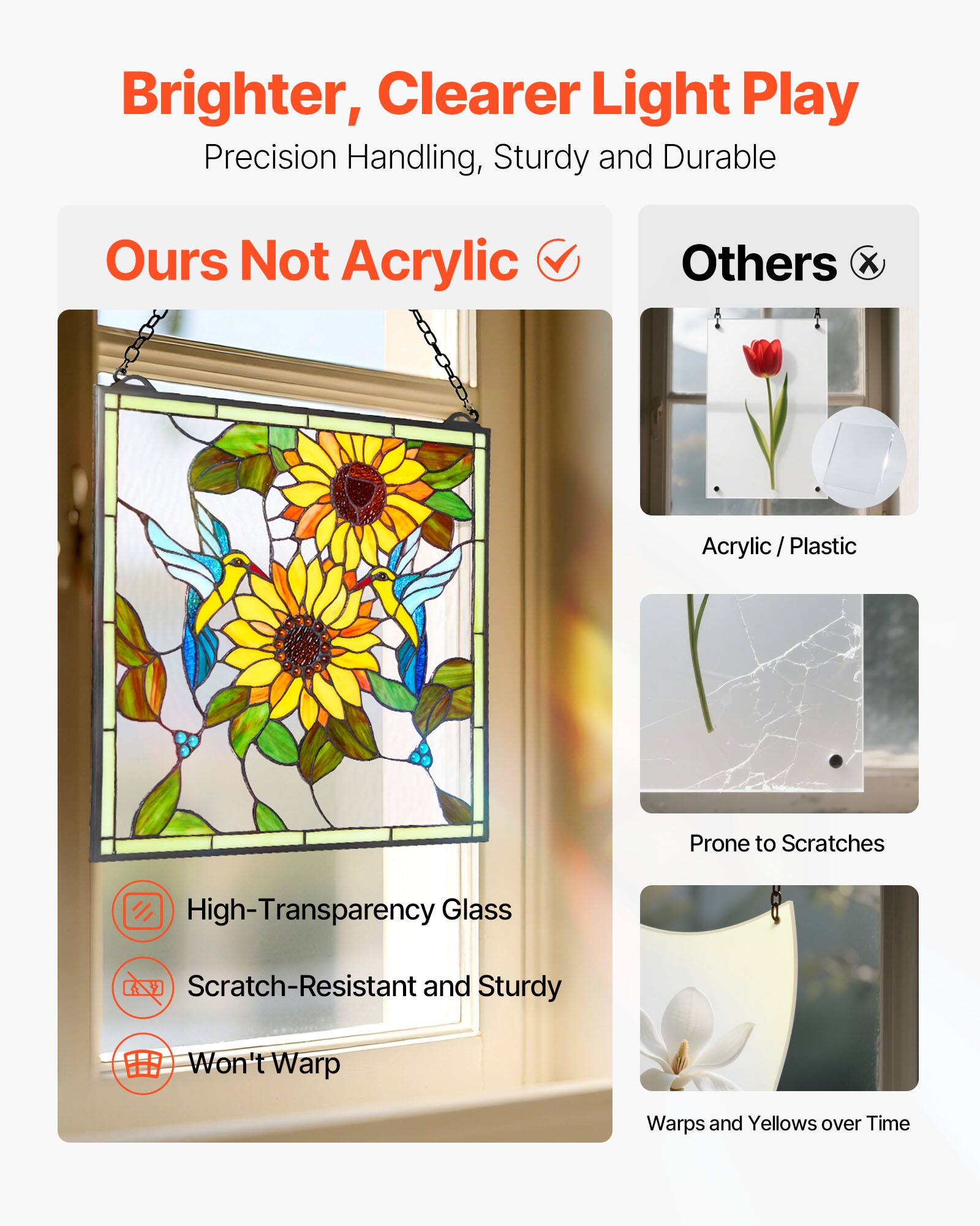Brighter, Clearer Light Play  
Precision Handling, Sturdy and Durable  

Ours Not Acrylic  
High-Transparency Glass  
Scratch-Resistant and Sturdy  
Won't Warp  

Others  
Acrylic / Plastic  
Prone to Scratches  
Warps and Yellows over Time