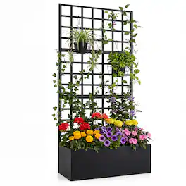 Gymax - Metal Raised Garden Bed w/ Trellis Galvanized Planter Box w/ Drainage Holes - Black