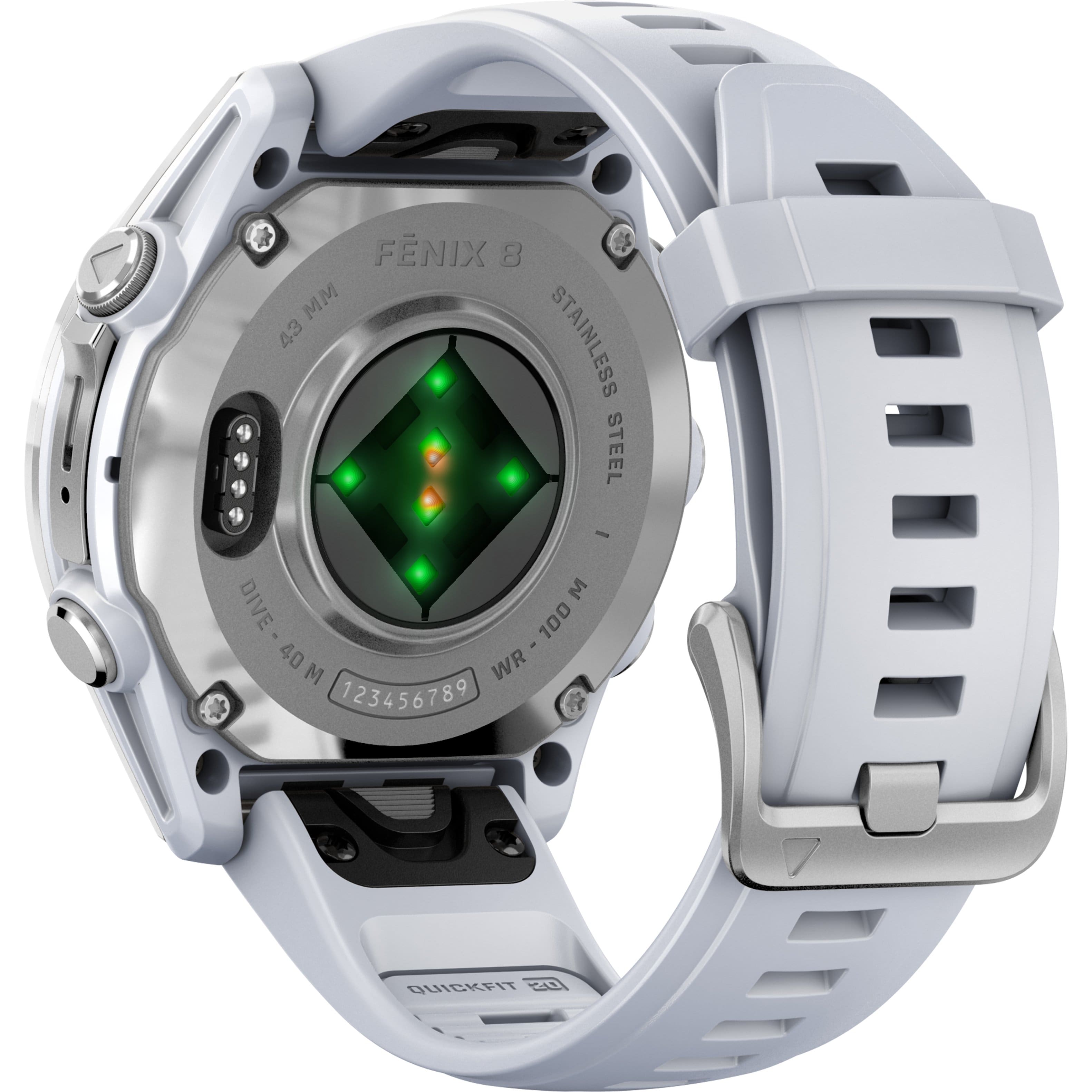 The text on the image reads "FENIX 5X STAINLESS STEEL I M: DIVE 100 - 40 WR M 123456789 QUICKFIT LEY."